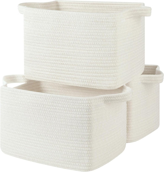 Storage Baskets for Organizing, Woven Baskets for Shelves, Rectangle Decorative Organizer for Storage Clothes, Toy, Books, Towels Nursery Bins 3 Pack (White, 13"x9.85"x8.7")