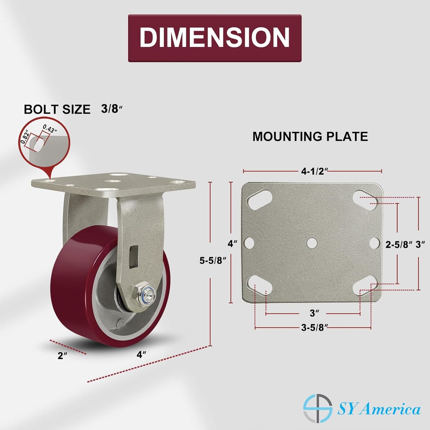 SY America 4" X 2" Casters Wheels,Heavy Duty Industrial Casters，Polyurethane on Aluminum Wheels,2 Rigid Casters,1600 LBS Load Capacity