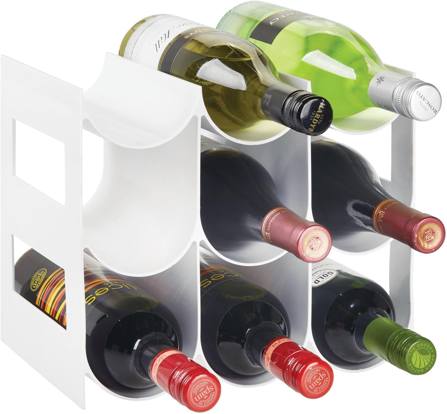 mDesign Plastic Free-Standing Water Bottle Organization/Wine Rack Storage Organizer for Kitchen Countertops, Cabinet, Bin, Pantry, Fridge, Refrigerator, 3 Tiers, 9 Bottles, Lumiere Collection - White