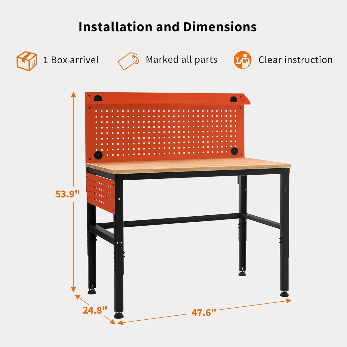 MCombo Adjustable Workbench with Solid Wood Tabletop for Garage, Steel Worktable with 2 Pegboards Bench48 (Orange)