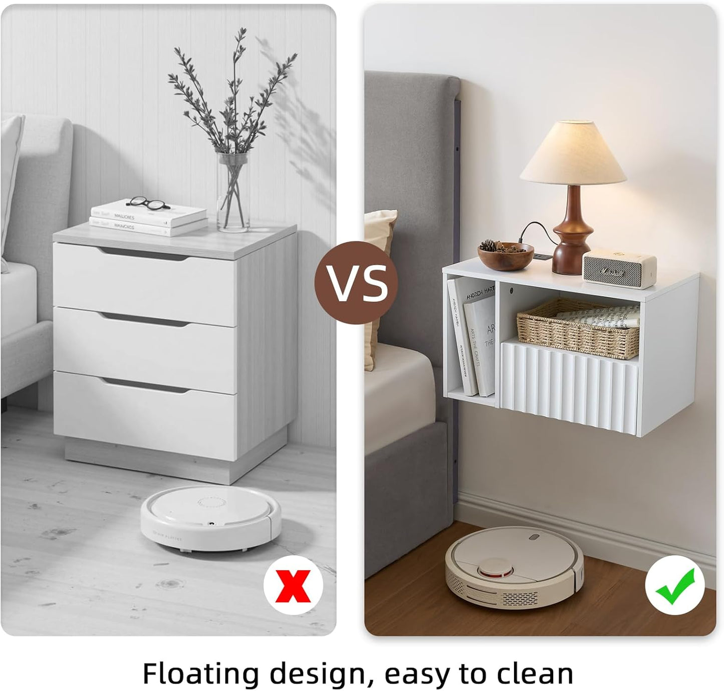 Modern Matte White Fluted Floating Nightstand with Charging Station, NightStand with Drawers, Bedside with USB Ports and Outlets, Bedroom Furniture (Right)