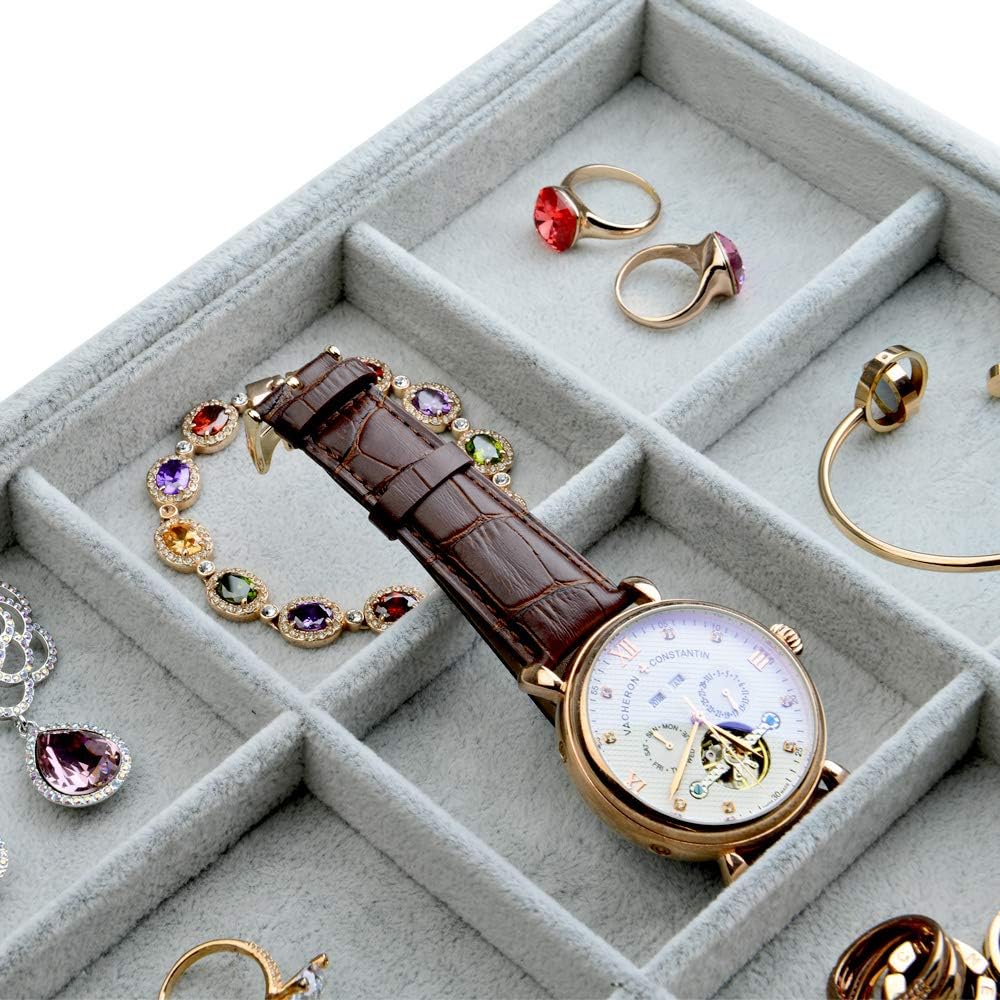 Oirlv Velvet Stackable Jewelry Display Trays 12 Grids Rings Earrings Bracelet Organizer Storage Tray(13.8"x1.29"x9.4")