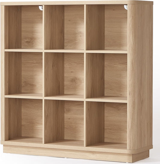 9 Cube Storage Book Shelf, 41" Tall Organizer Bookshelf with Curved Edge, Floor Standing 3-Tier Wood Cubby Bookcase with Base, Modern Display Book Case for Living Room, Home Office,Natural Oak
