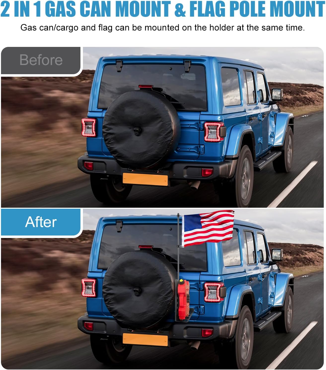 Gas Can Mount With Flag Pole Mount Holder For 2018-2025 Jeep Wrangler JL/JLU 4xe, Tailgate Step Foot Pedal Molle Panel Cargo Shelf Storage Bracket Fits Standard Gasoline Locking Pack Mount
