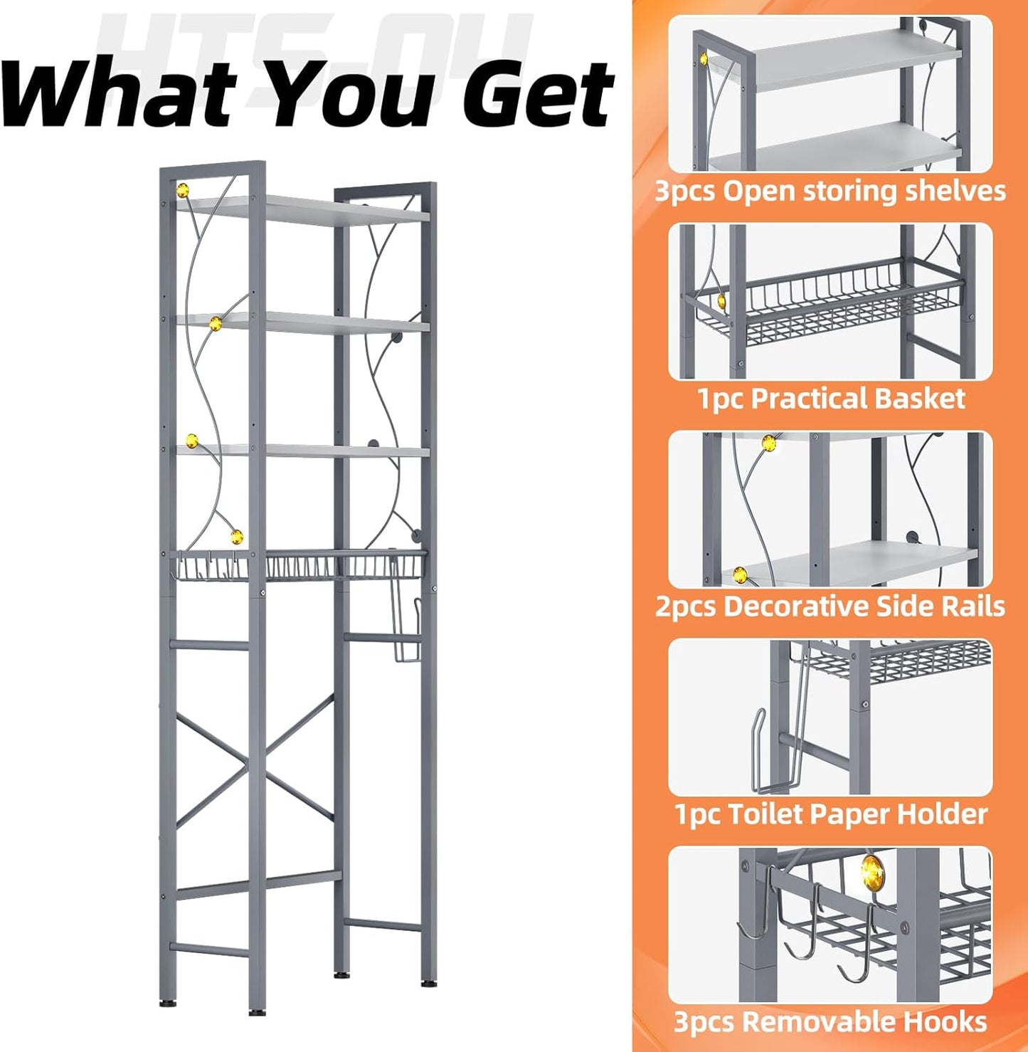 Over-The-Toilet Storage Rack, 4-Tier Bathroom Organizer Shelf Over Toilet with Adjustable Shelf and Basket, Freestanding Space Saver Bathroom Shelves Above Toilet for Room (Gray White)