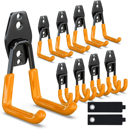 3-H Garage Wall Hooks 10 Pack, Heavy Duty Garage Hooks with Extra Welding Spots, Wall Mount Storage Organizer for Hanging Garden Lawn Tools, Chair, Shovel, Blower, Toolkit (Orange)