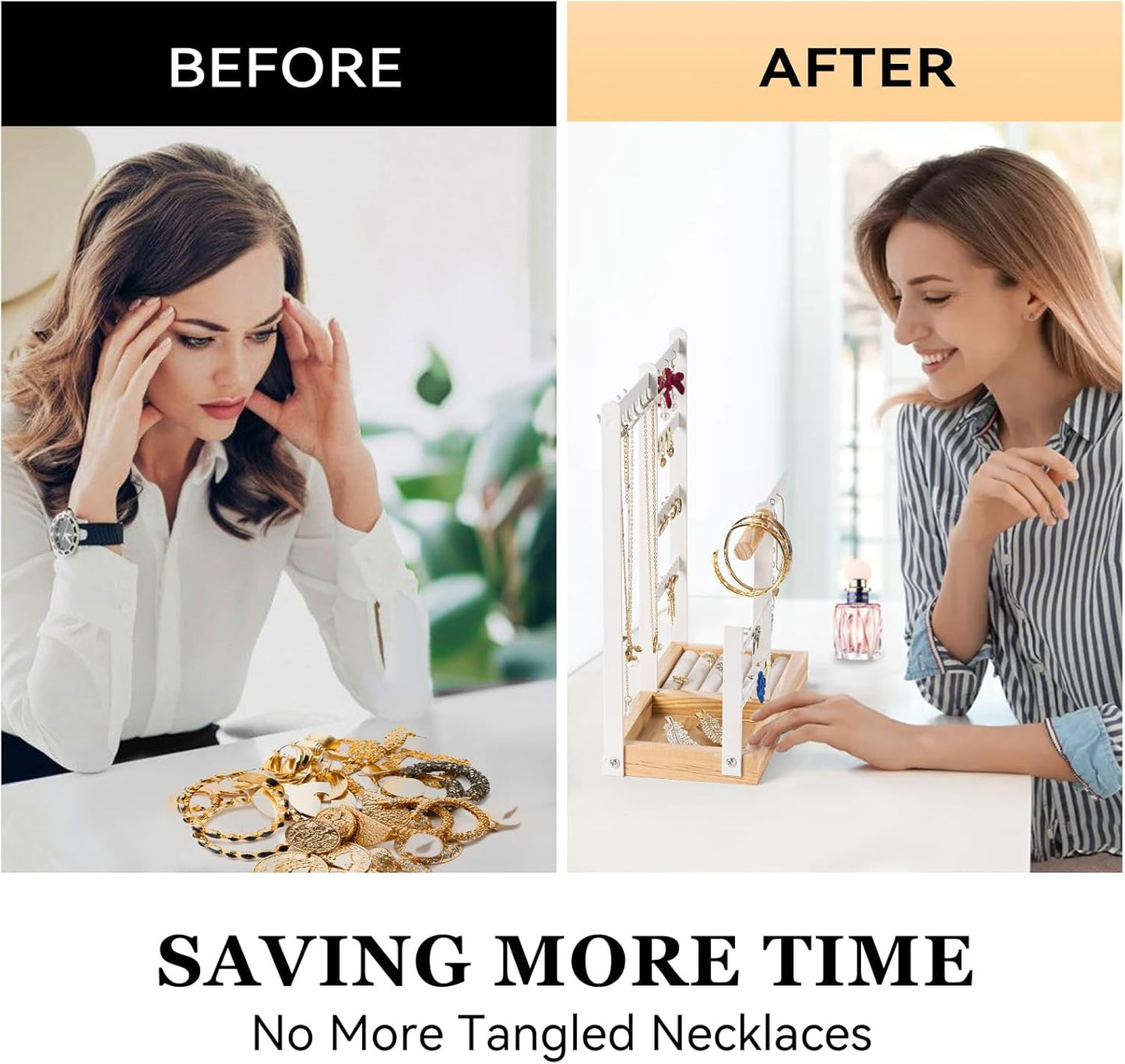 DreamGenius Jewelry Organizer Stand with Velvet Ring Holder, 4 Tier Jewelry Holder Organizer with 11 Hooks for Necklaces and 132 Holes for Earrings, White