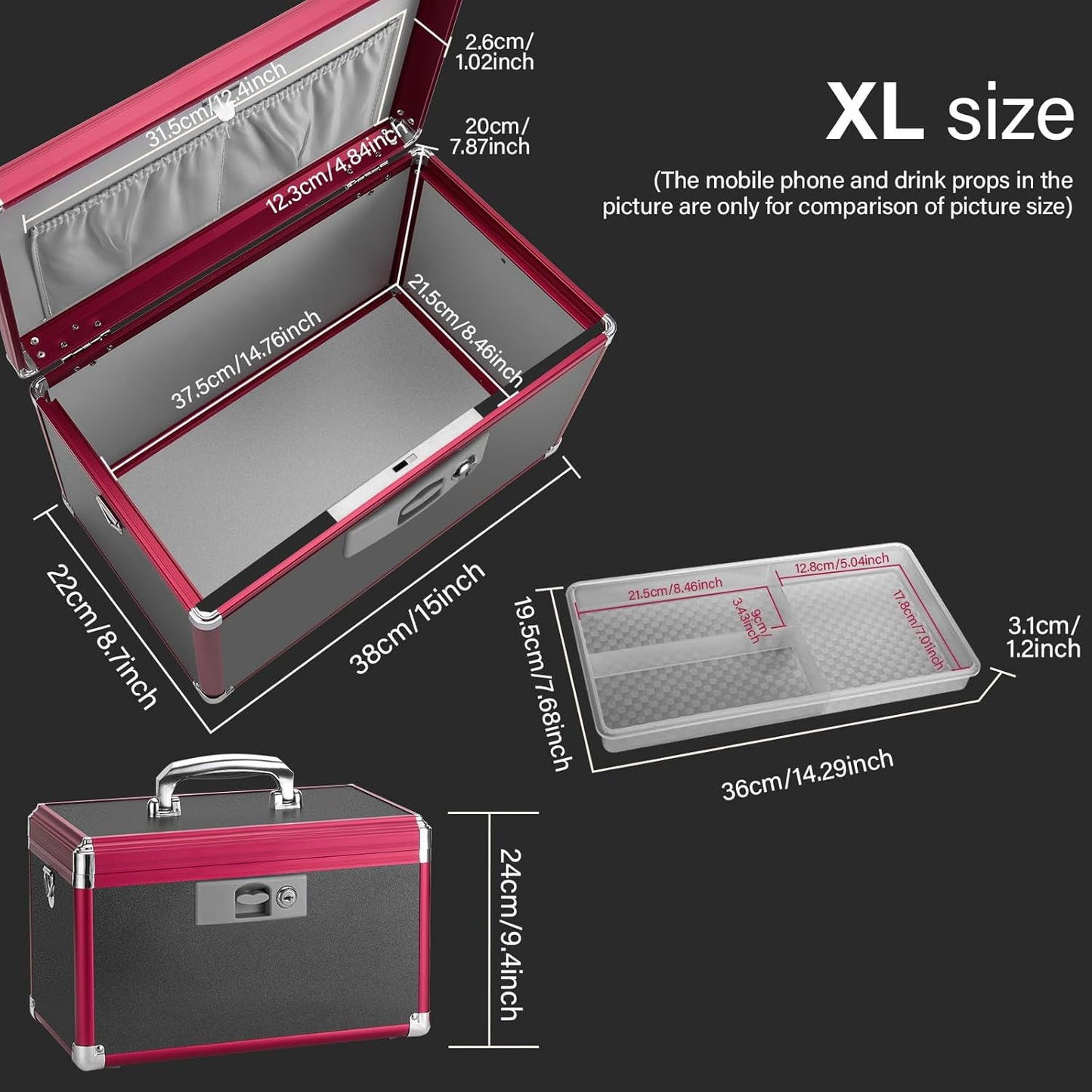 Medicine Lock Box for Safe Medication - 15 x 8.7 x 9.4 Inches - Lockable Storage Box for Drugs, First Aid Kit Empty, Lock Boxes with Key for Home/Outdoor (Black & Red/X-Large)