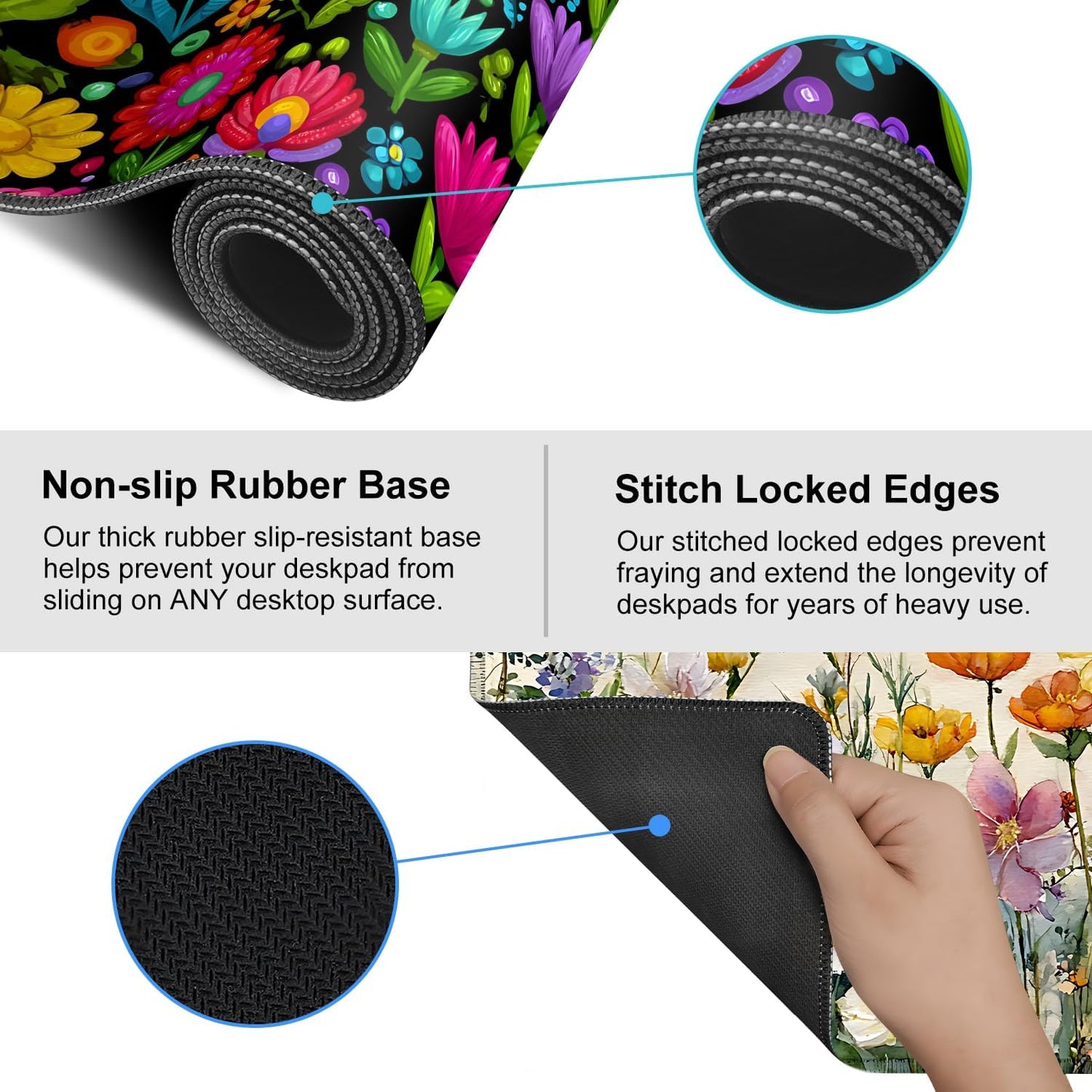 Folk Art Floral Mouse Pad – Large Extended Desk Mat 35.43 x 15.75 in – Colorful Boho Flowers on Black Background, Waterproof Surface, Non-Slip Rubber Base, Oversized Mouse & Keyboard Pad
