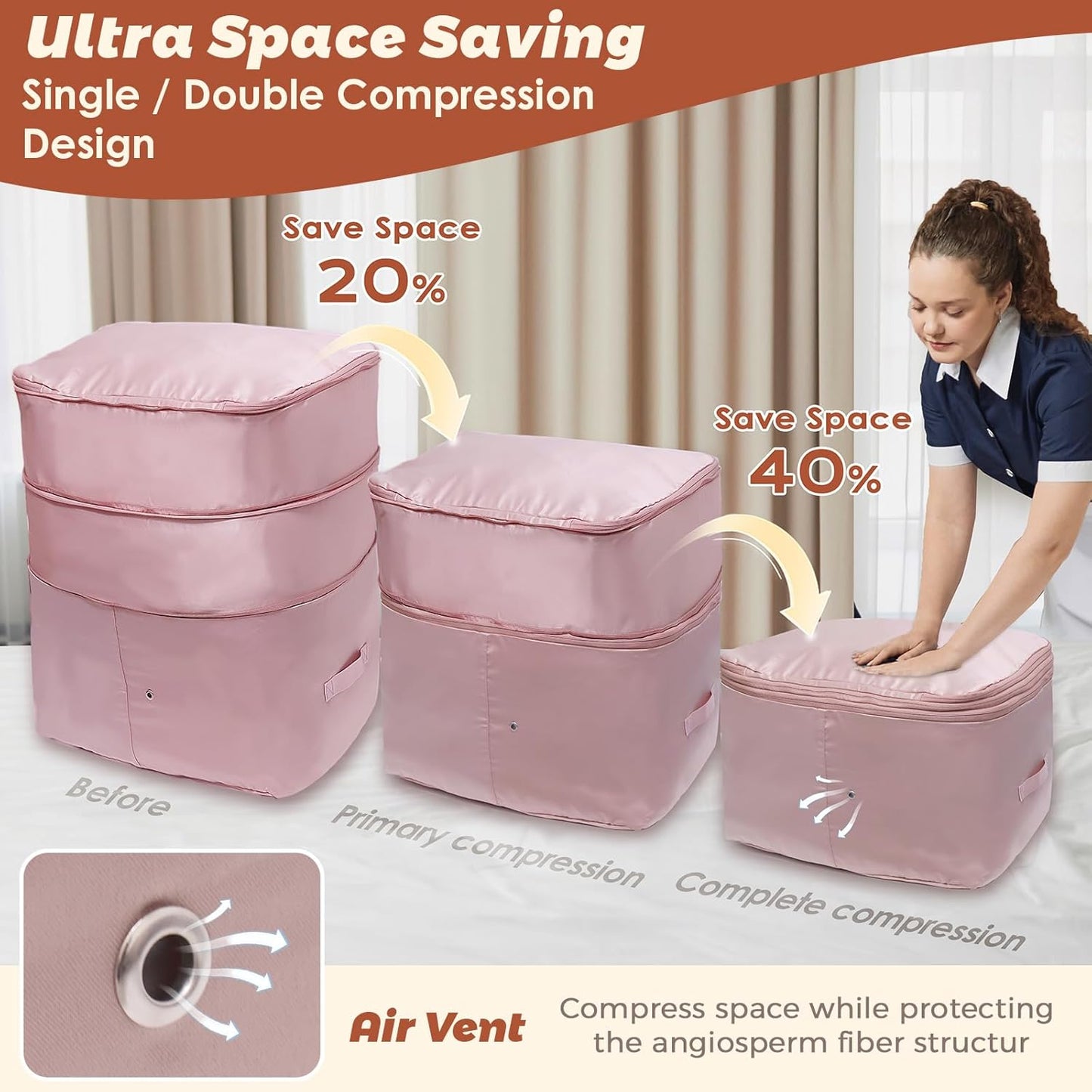 Ultra Space Saving Self Compression Organizers, 4 Pack Double Zipper Compression Packing Cubes for Bedding, Comforter Storage Bag for Blankets Duvet Quilts Pillows Queen King (Beige, X-Large)