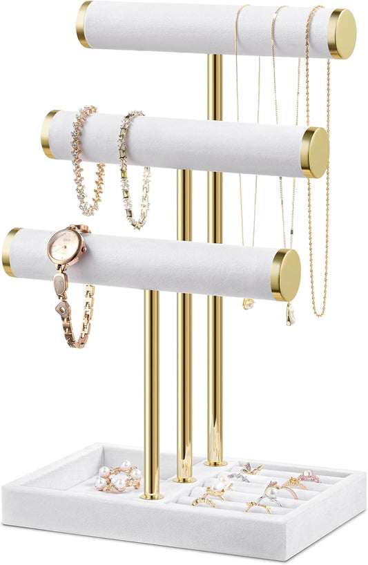 Bracelet Holder Jewelry Organizer Display - 3 Tier T Bar Velvet Stand, White Jewelry Storage for Bracelet, Necklaces, Earrings, Watches