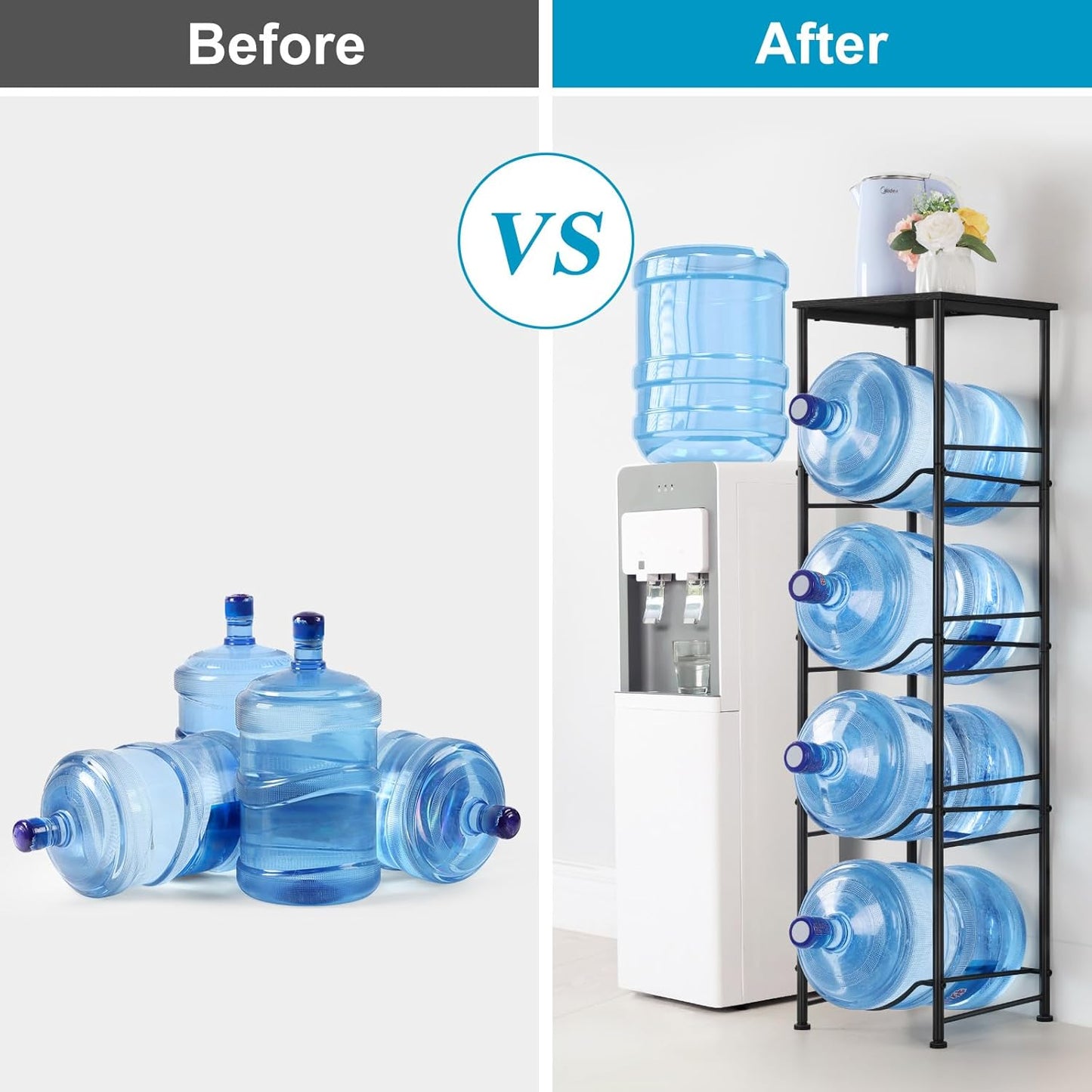 ETELI 5 Gallon Water Jug Holder 4 Tier Gallon Water Bottle Holder with Storage Shelve Water Cooler Jug Rack Stand for 5 Gallon Water Dispenser Organizer for Kitchen, Office, Living Room, Black