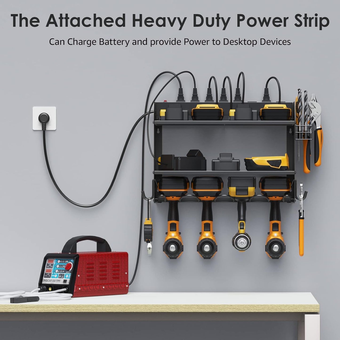 CCCEI Modular Power Tool Organizer Wall Mount with Charging Station. Garage Drill Storage Shelf with Hooks, Heavy Duty Rack, Tool Battery Holder Built in 8 Outlet. Gift for Men. Black, 1 Pack.
