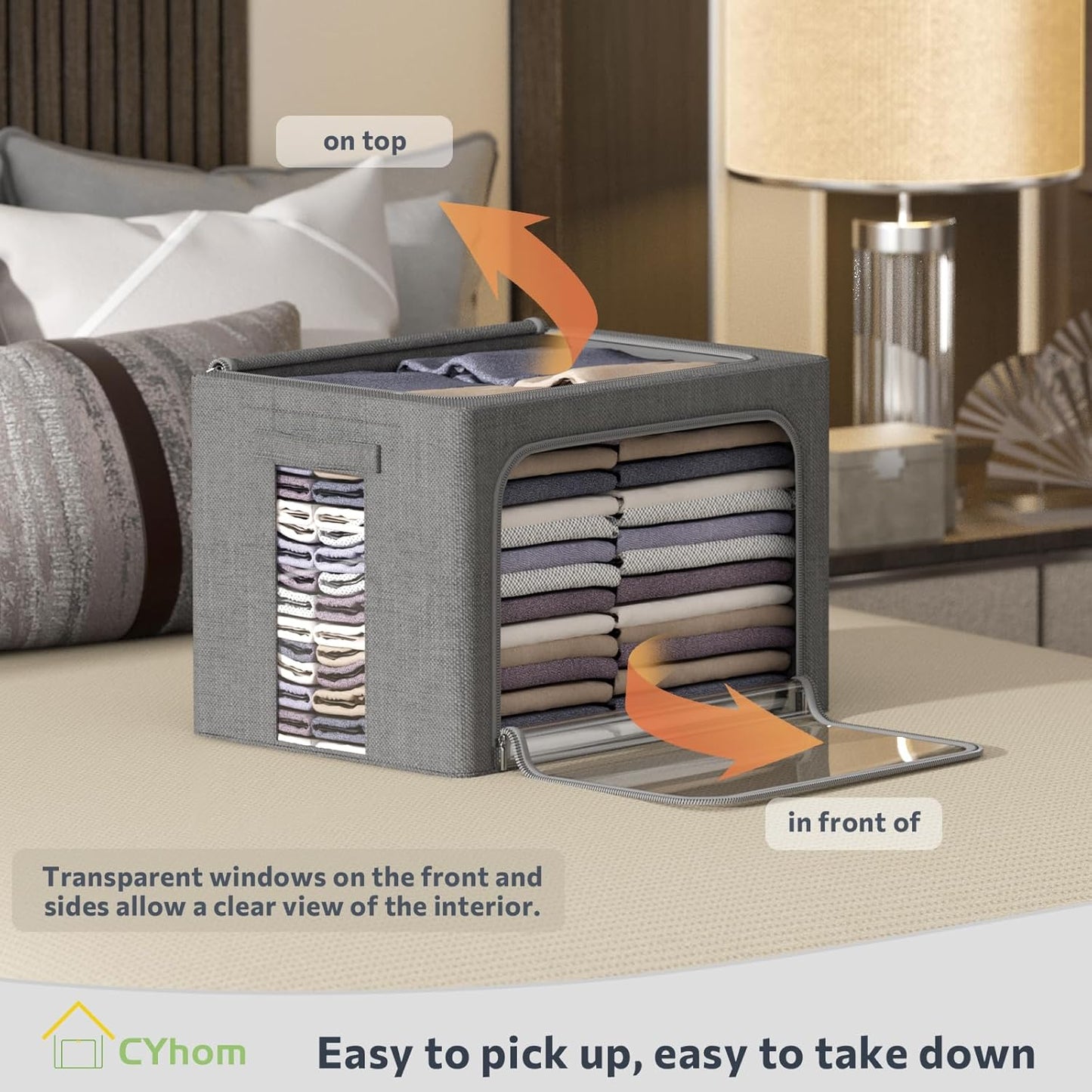 CYhom 3Pack Foldable Storage Bins - Frame Storage Box Linen Fabric Stackable Clothes Container Organizer with Clear Window & Carry Handles Large Capacity (Medium-36L, Dark Gray)