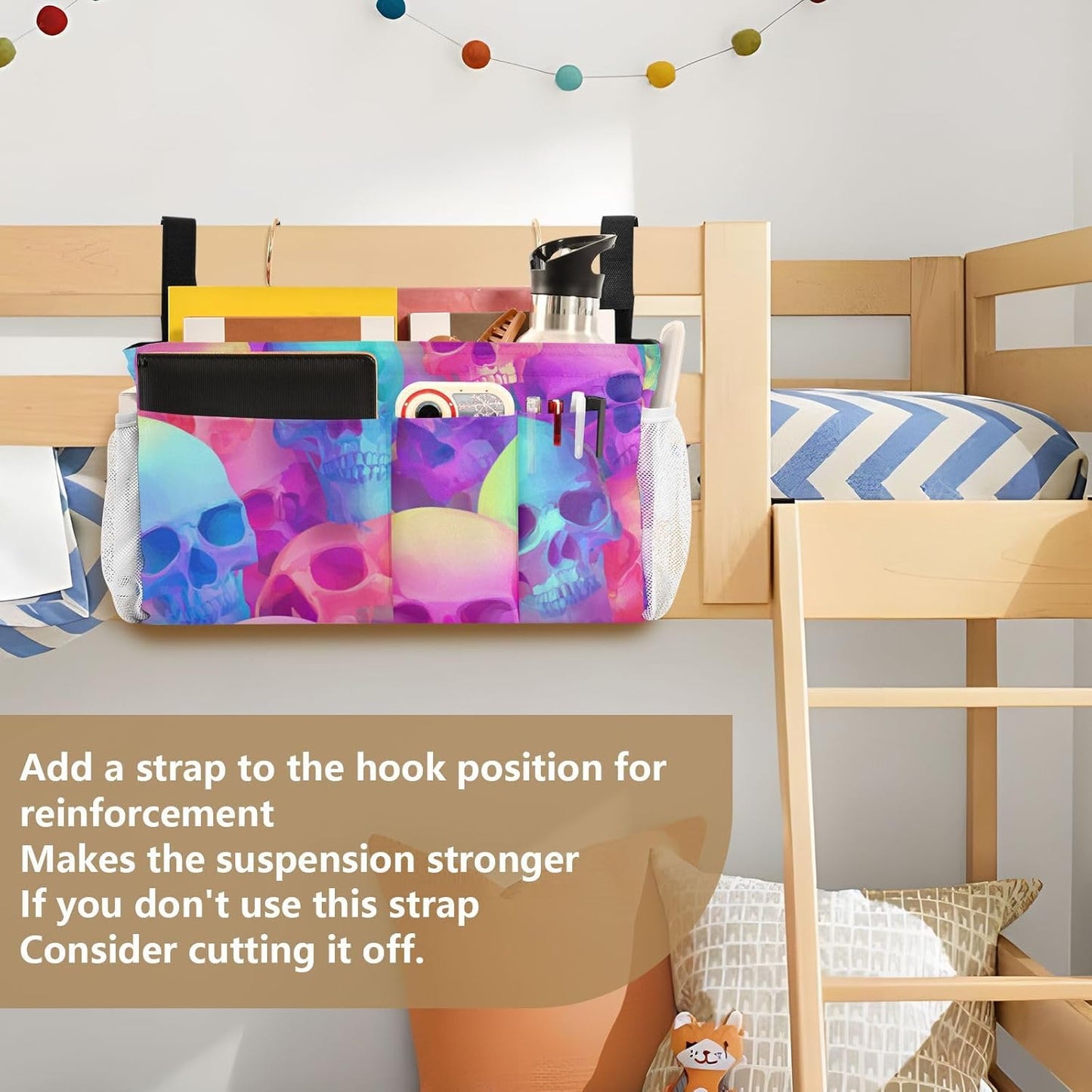 Gradient Multicolored Skulls Bedside Caddy for Dorm Bed Bedside Hanging Caddy Bag Iron Frame Storage Organizer Pocket for Bunk Home College Hospital Beds 2 Hooks