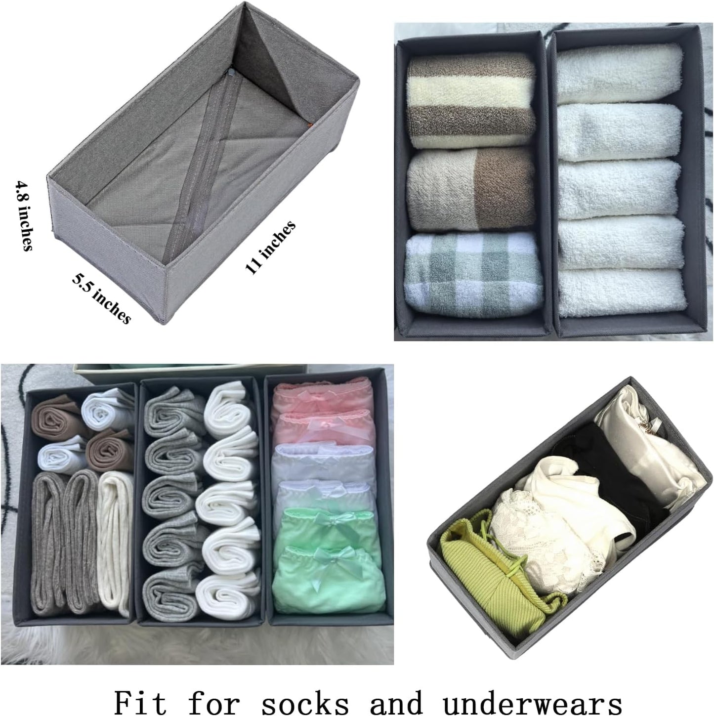 Sock Drawer Organizer Set of 3 Pack Gray, 11' Small Collapsible Fabric Underwear Dividers, Closet Foldable Dresser Storage Bins for Clothing