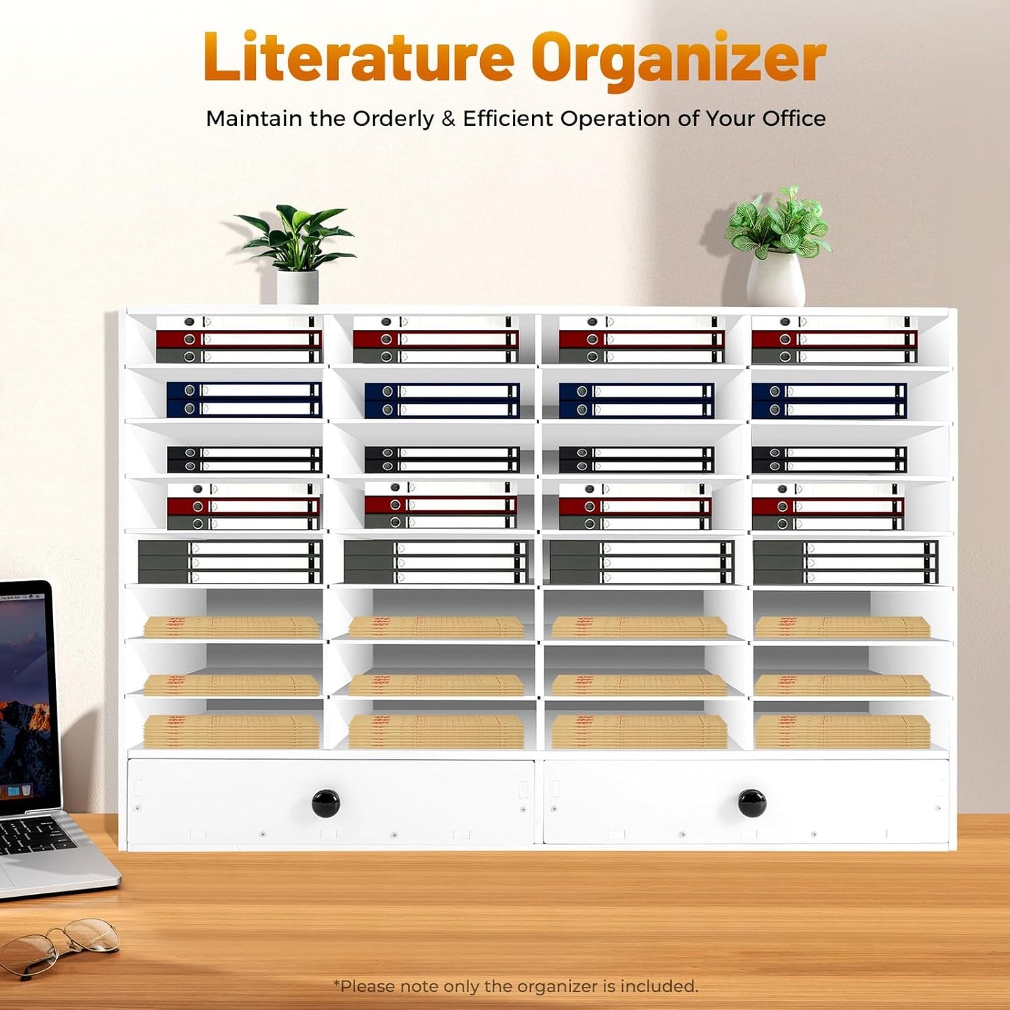 Adjustable Literature Organizer, 32 Compartments Mail Sorter Organizer with 2 Drawers, PVC Desktop File Sorter, Classroom Mailbox Office Mailbox Cubbies for Office, Home, Study Room White