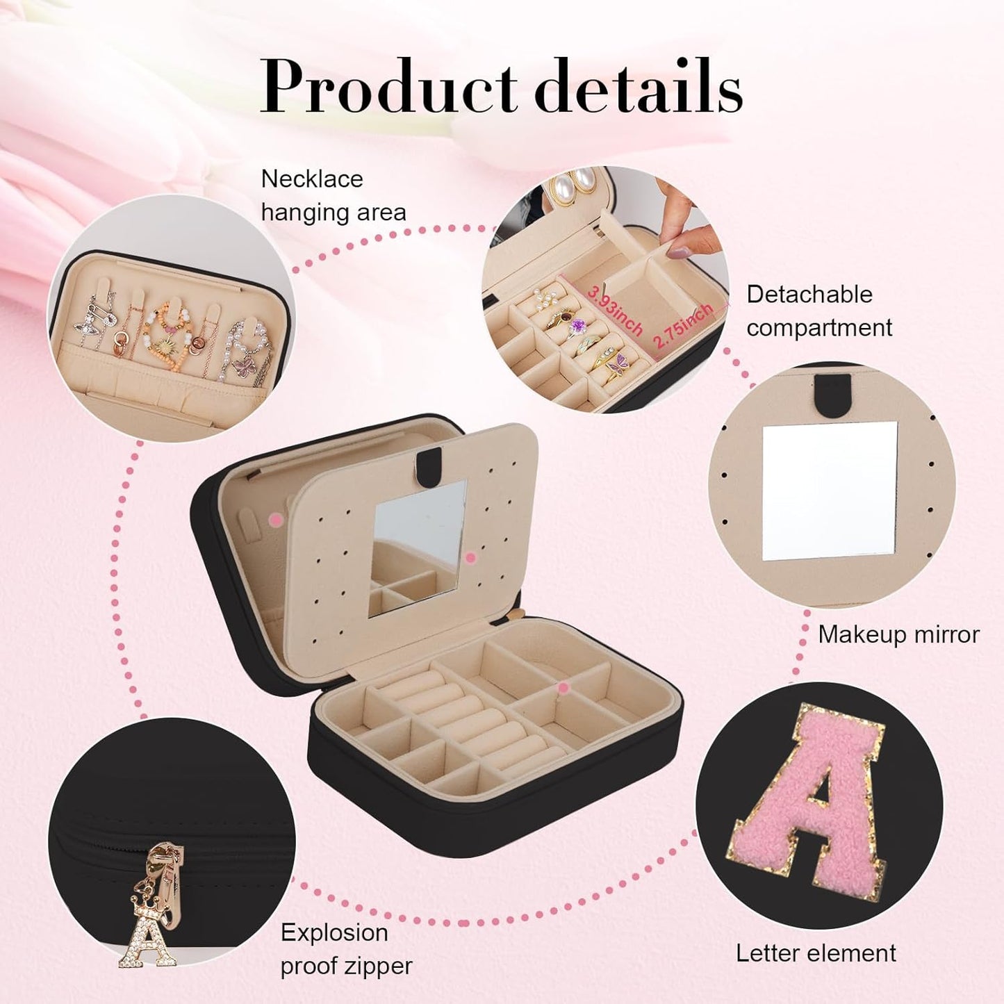 TopPerfekt Travel Jewelry Case, Jewelry Box with Mirror, Jewelry Organizer Bridal Shower Gifts to Her, Earring Storage Travel Case, Trendy Gift for Women and Girls, Girlfriend-Letter A, Black