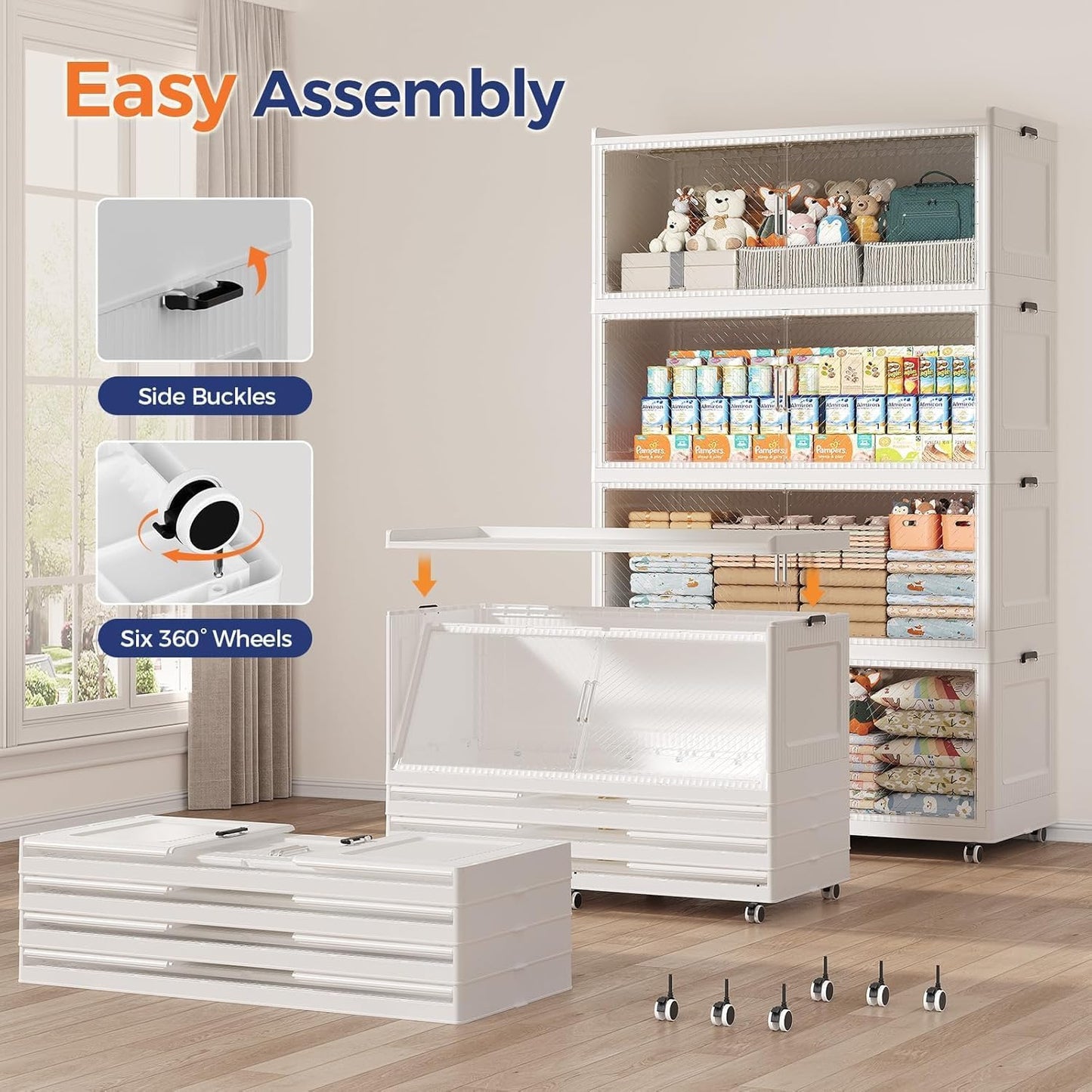 200GAL Extra Large Storage Bins with Lid, 800QT Collapsible Organizer with Wheels, Stackable Closet Cabinet with Doors, Folding Storage Containers for Home, Office, Kitchen, 4Pack White