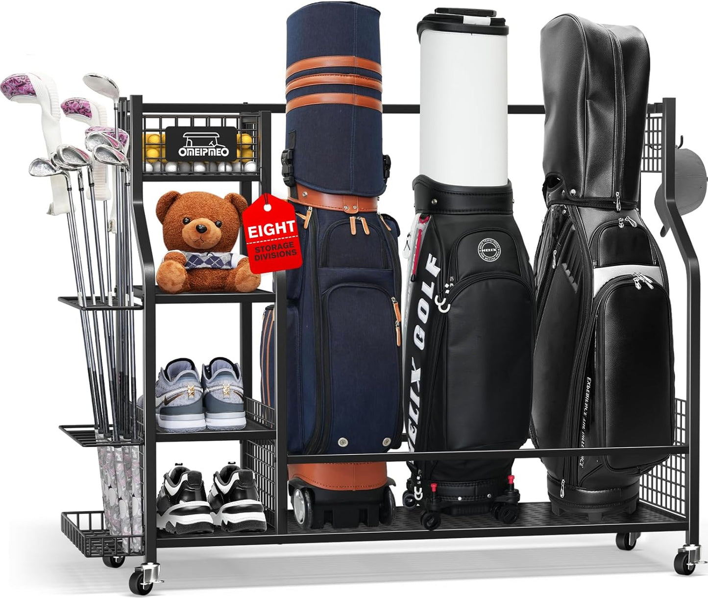 Golf Bag Storage Garage Organizer, Golf Bag Storage Stand and Other Golfing Equipment Accessories Rack, Golf Bag Storage Rack with Wheels, Golf Organizer for Home, Garage, Club, Shed, Basement