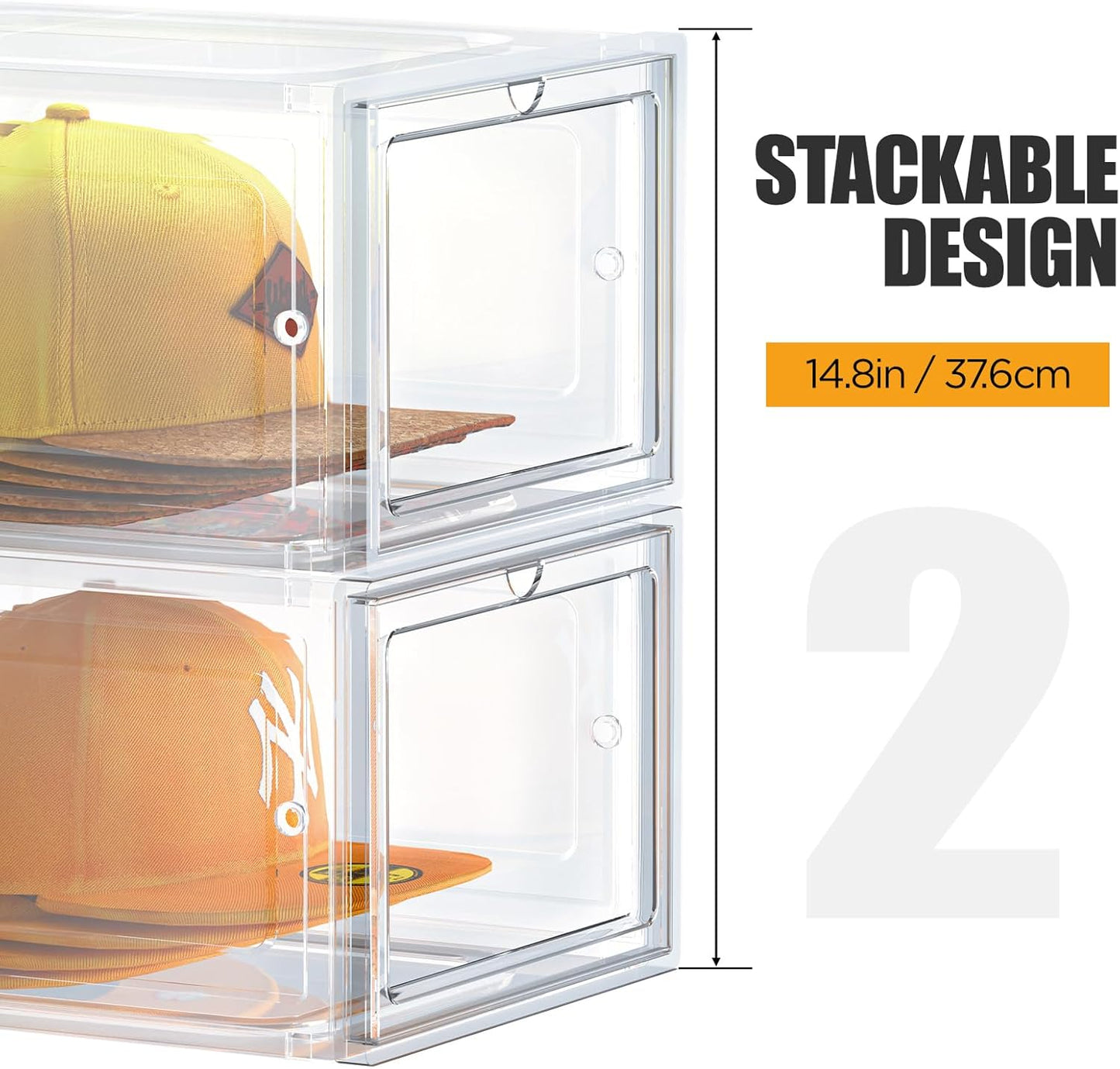 Hat Organizer Box, Stackable Clear Baseball Caps Holder Box Containers with Magnetic Door for Hats Snapback Cap Storag, Hat Rack Display Case, Holds 8 Hats Each (Clear, 2 Pack)