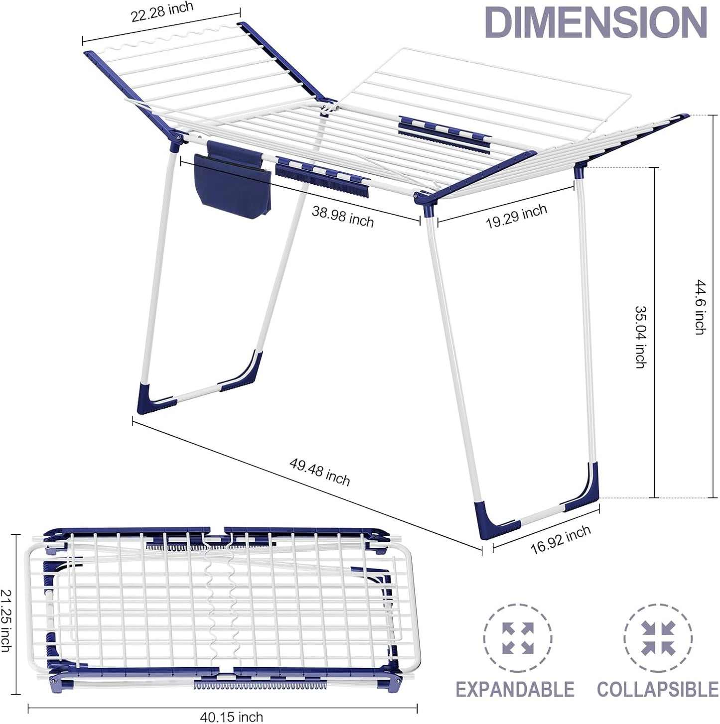 APEXCHASER Clothes Drying Rack Foldable - Drying Rack Clothing Large Space, Winged Laundry Rack with Sock Clips for Hanging Towels Clothes Dress Bedding Indoor Outdoor, White