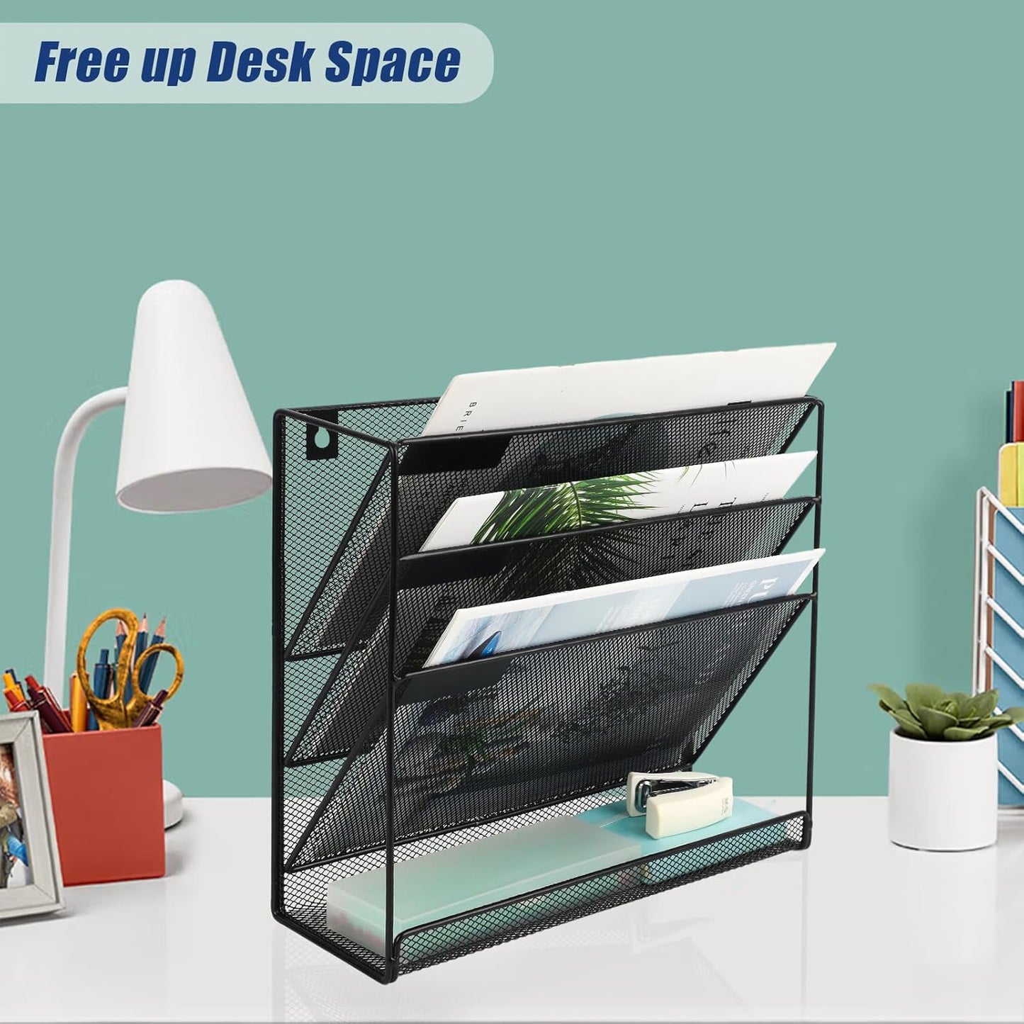EASEPRES Desk File Organizer Mesh 4-Tier, Hanging Wall Mount Document Organization Stand, Desktop Vertical Mail Paper Folder Holder Rack with Bottom Tray for Office Home Cubicle Countertop, Black