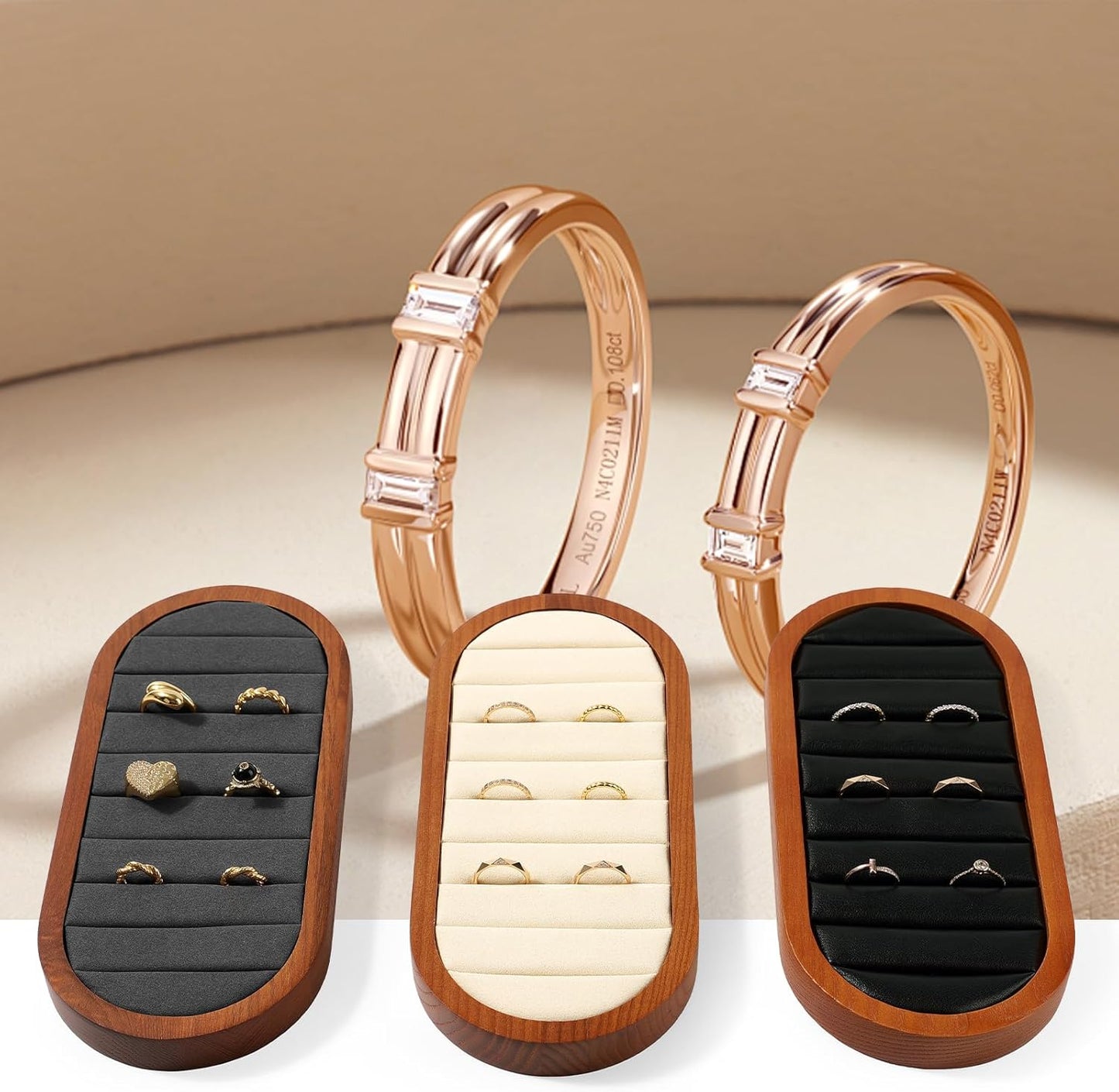 Small Jewelry Rings Display Tray Solid Wood Jewelry Display Organizer Tray for Rings Stud Earrings(Beige)