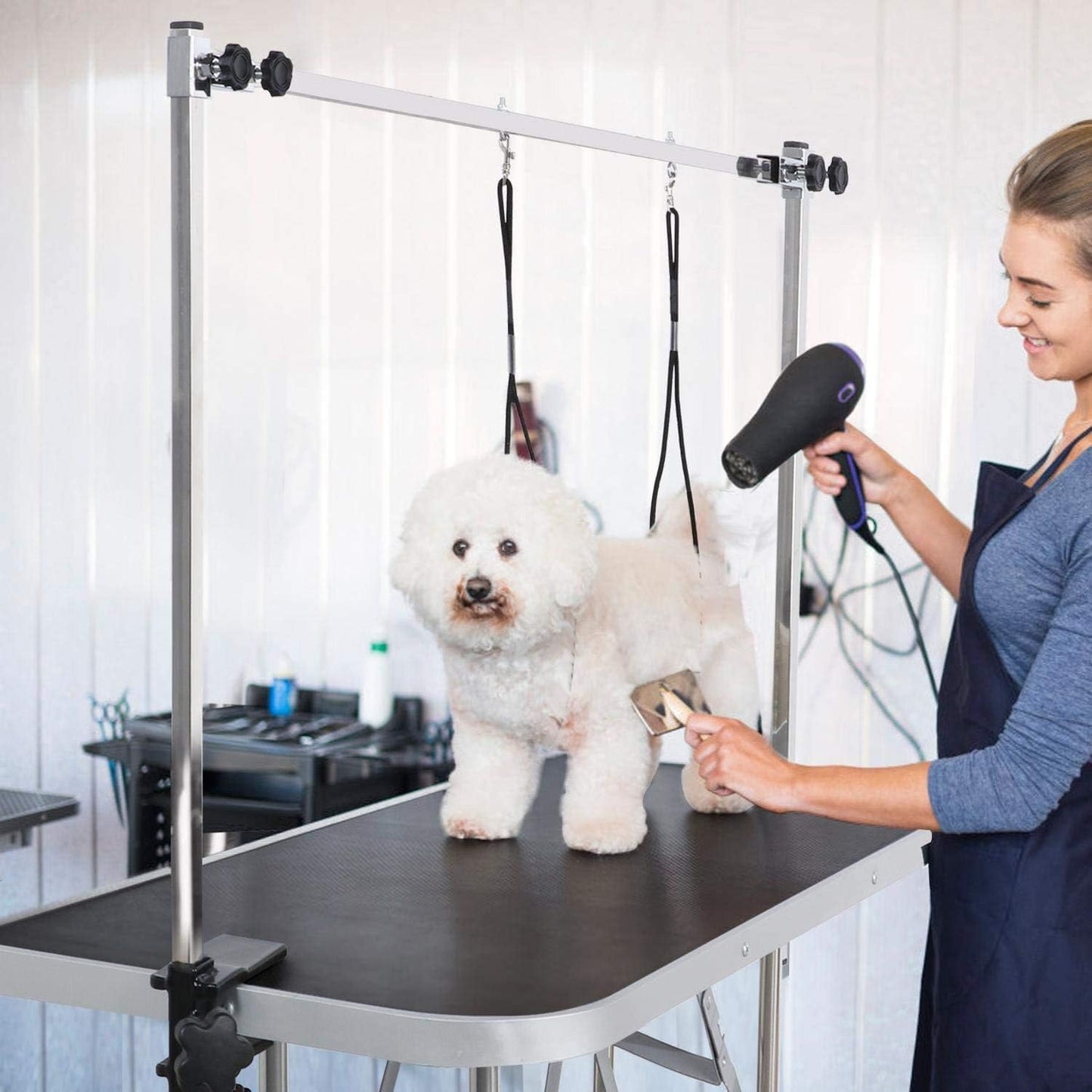 36" Dog Grooming Table Foldable Pet Grooming Tables with Adjustable Arm Noose Storage Mesh Tray Maximum Capacity Up to 330lbs Black