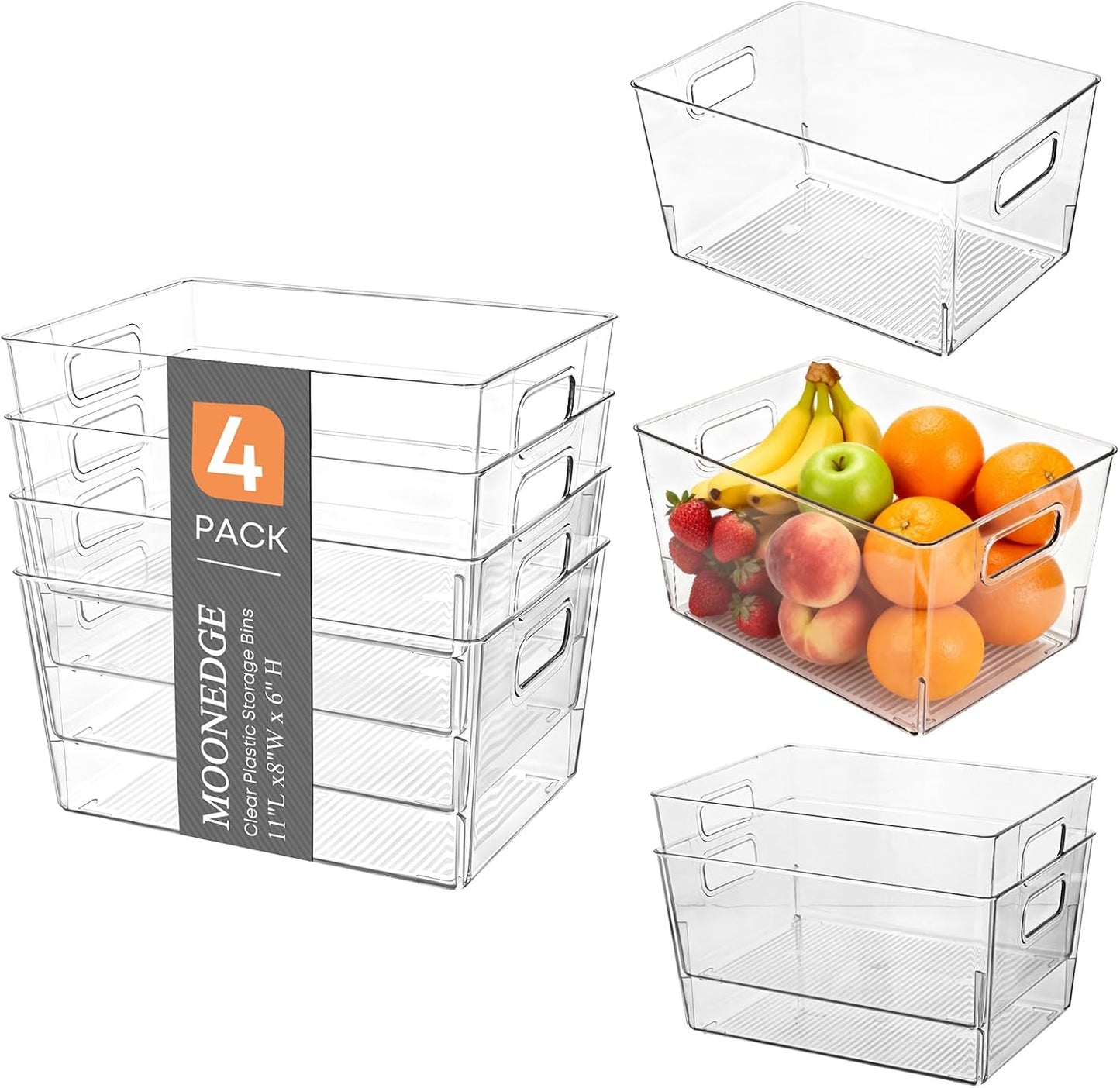 MOONEDGE 4 Pcs Clear Plastic Storage Bins, 11"x8"x6" Food-Grade Stackable Containers with Handles and Open-Top Design, Durable Pantry Organizer for Kitchen, Bathroom, Office, Fridge & Closet