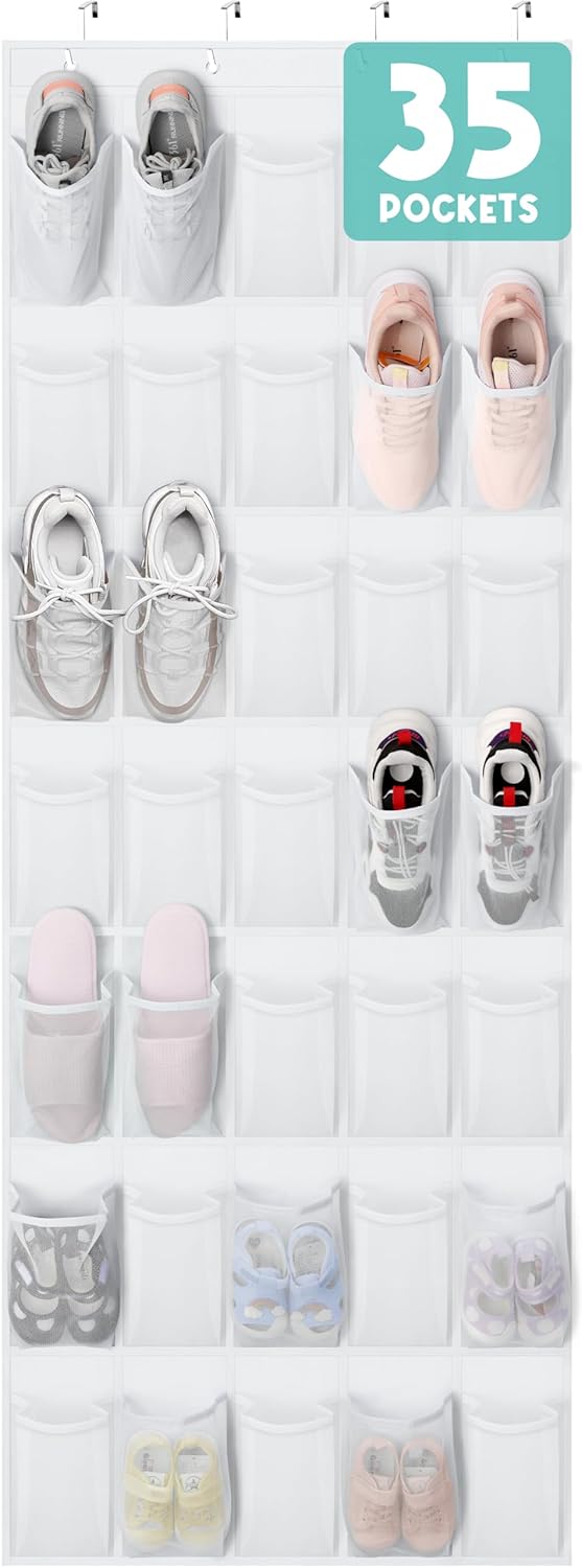 Tiblue Over The Door Shoe Organizer 35 Mesh Pockets Hanging Shoe Organizer Shoe Rack For Door Closet Entryway Bedroom Pantry Organizer - Shoe Holder Hanger For Sneakers, Women High Heeled Shoes White