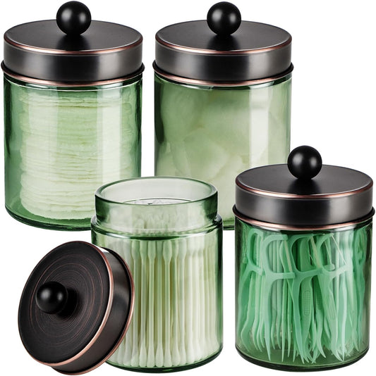 Amolliar Sage Green Qtip Holder, Glass Apothecary Jar Metal Lid & Stickers, Bathroom Qtip Holder Storage Canister, Farmhouse Decor for Cotton Balls, Swabs, Makeup Pads, Bath Salt, Floss, ORB 4 Pack