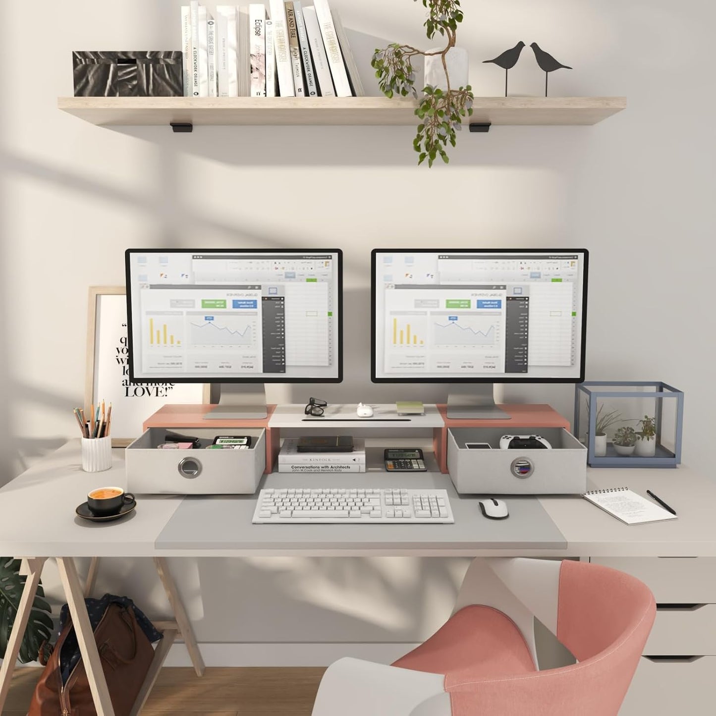 WESTREE Dual Monitor Stand Riser with Two Drawers, Extra Large Storage Monitor Stand for 2 Monitors, Desktop Oraganizer Stand for Computer,Laptop,Screen,Printer,TV