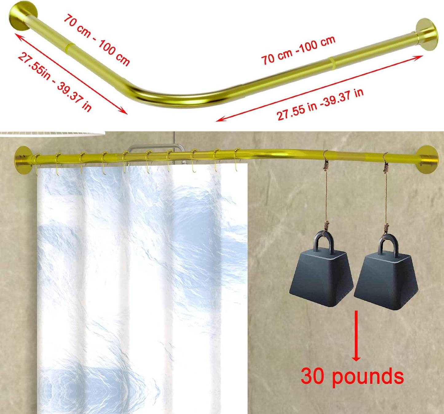 Corner Shower Curtain Rod Adjustable Stainless Steel L Shaped Rack Drill Free Install for Bathroom, Bathtub, Clothing Store (Gold 27.55"-39.37" x 47.24"- 65")