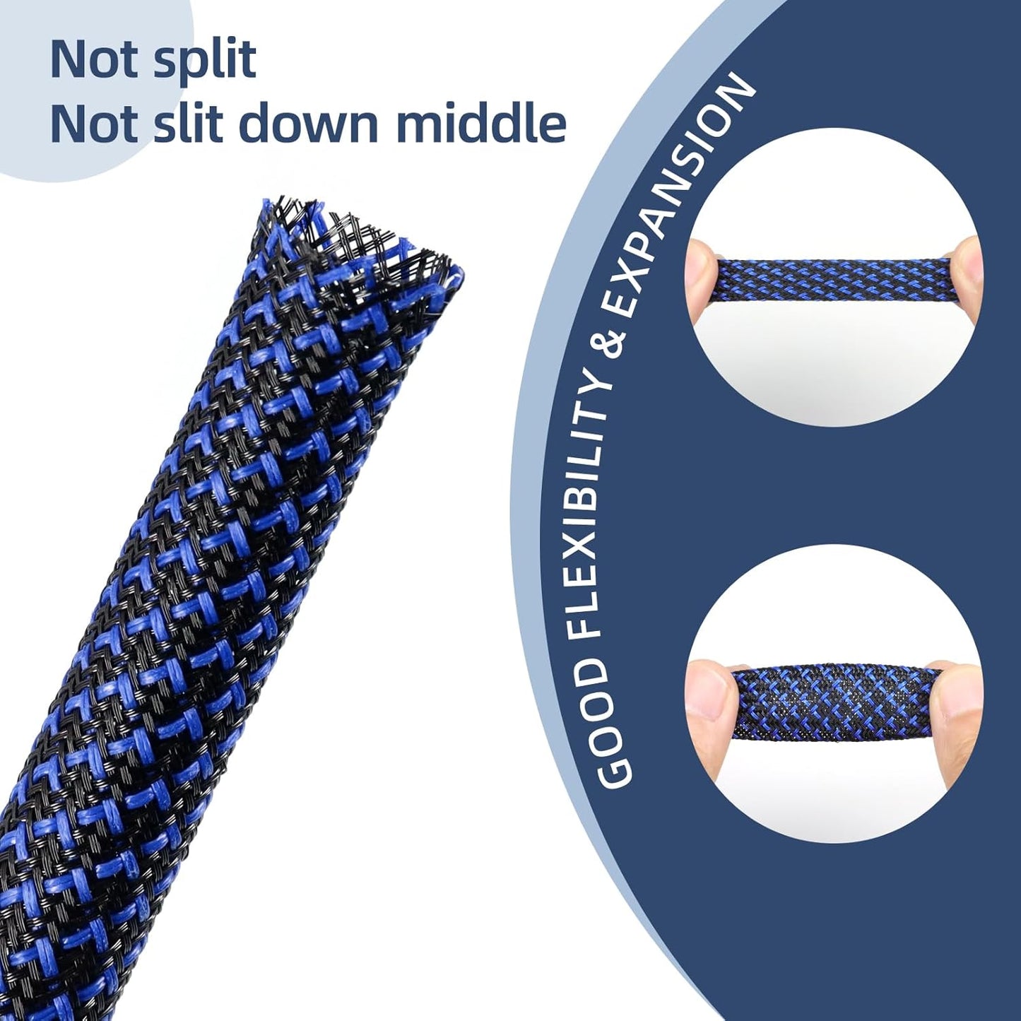 Braided Cable Sleeving, PET Expandable Braided Cable Sleeve, Flexible Mesh Sleeving Cord Management for Audio Video and Other Home Device, Cord Protector from Pets (Black Blue-2, 1/4")