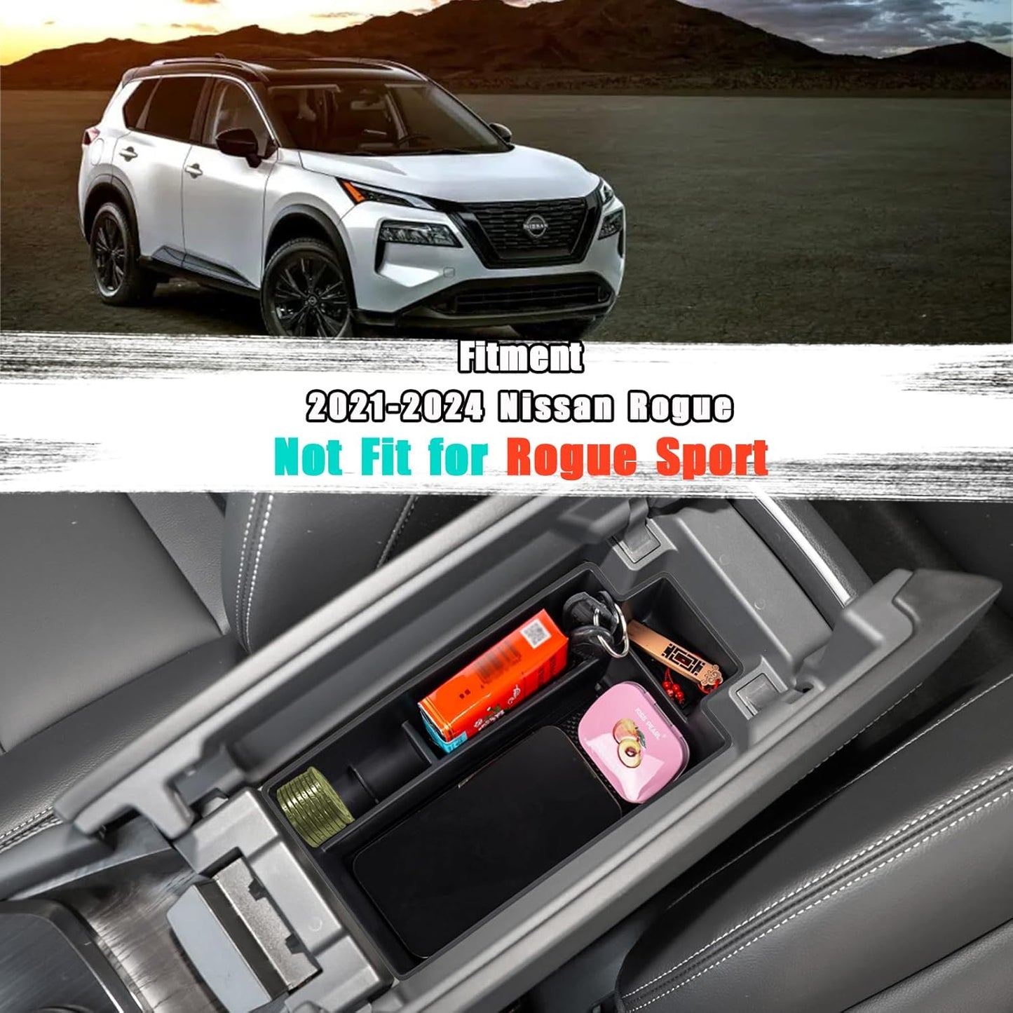 Center Console Organizer Compatible with Nissan Rogue 2021 2022 2023 2024 2025 2026 Armrest Storage Box Insert Tray Interior Secondary Accessories(Armrest Storage Tray)