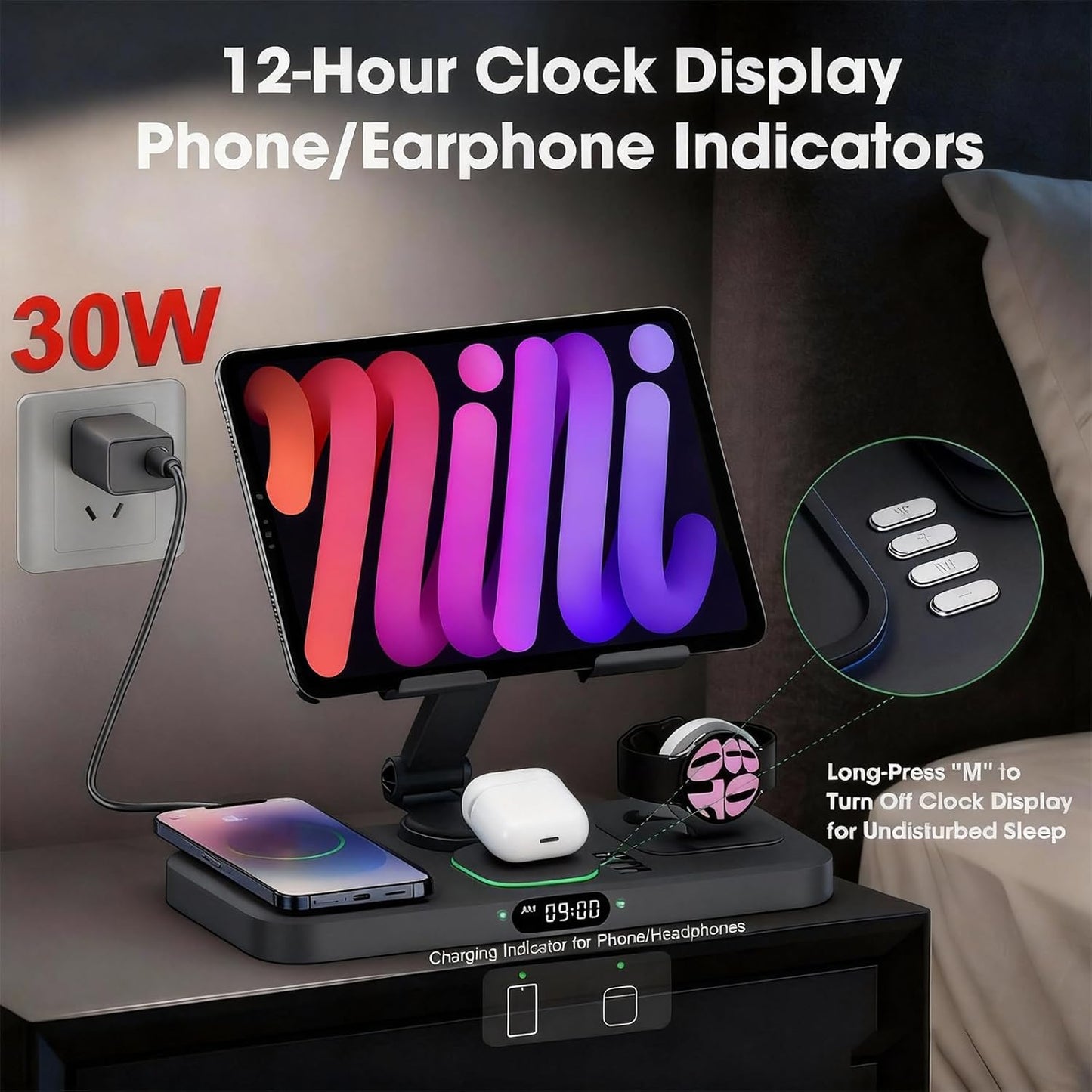 30W Charging Station for Apple Products, Foldable Wireless Charger with Clock Display&7 Color Light, Wired Charging for iPad/Tablet Charging Station for iPhone17, for Apple Watch11 for AirPods4(Black