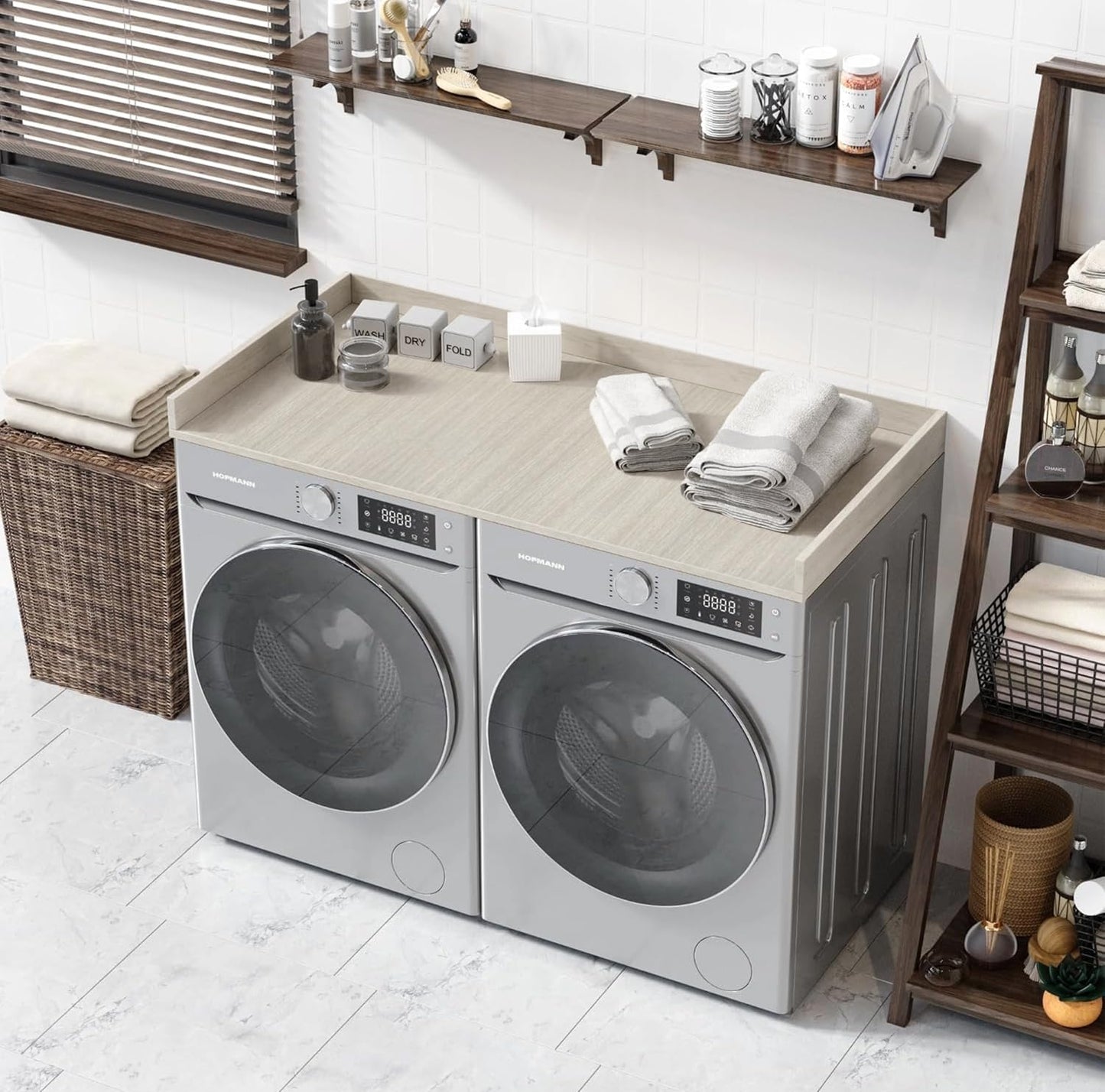 OfficeSimpli Washer Dryer Countertop, Made in USA, Non-Slip Pads, Easy Clean, Laundry Room Essentials and Decor, Washer Dryer Wood Top for Organization (Rustic Oak, Standard (27.5" x 54"))