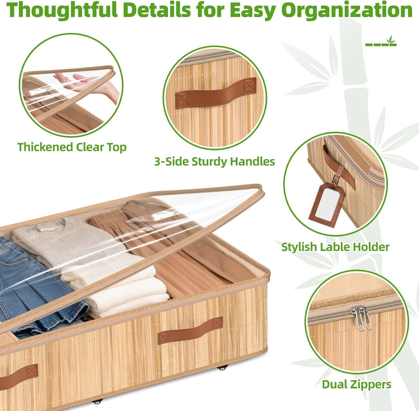 Livole 3 Pack Bamboo Under Bed Storage with Wheels, 6 inches Underbed Storage Containers, 56L XXL Rolling Under Bed Storage Bins with Clear Lid & Label for Clothes, Blankets, Sweater, Shoes
