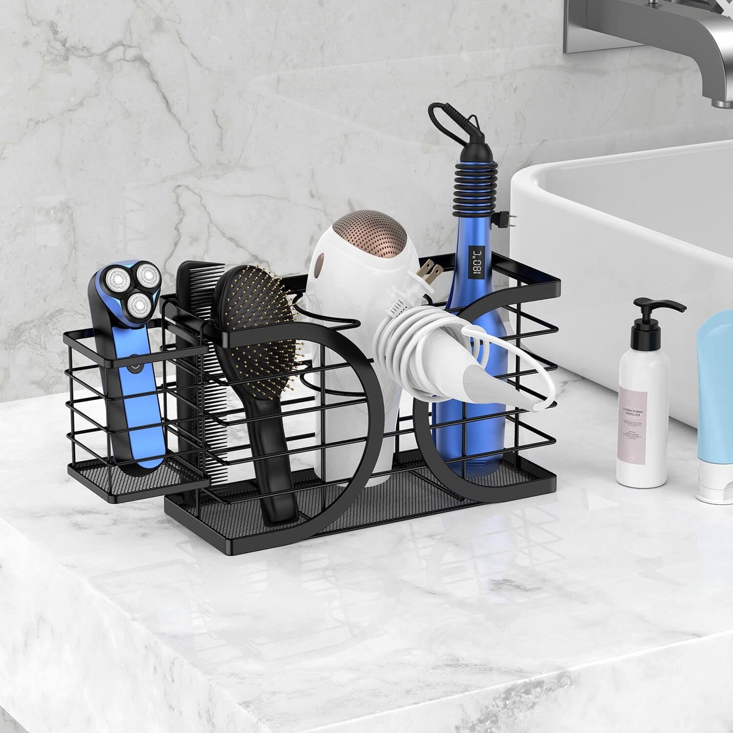 Hair Dryer Holder 3in1 Hair Tool Organizer/Wall Mounted,Cabinet Door or Desk-based Blow Dryer Holder/Height-adjustable Curling Iron Holder/Bathroom Cabinet Organizer for Flat Irons