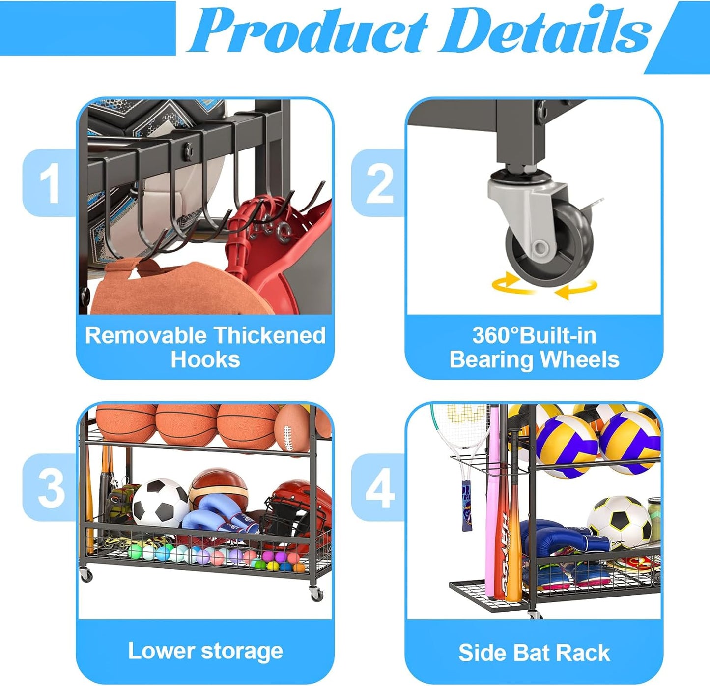 Garage Sports Equipment Organizer,Sports Ball Organizer with Wheels,Basket,Ball Organizer with Baseball Bat Rack and HooksToy Storage Rolling Cart-Black