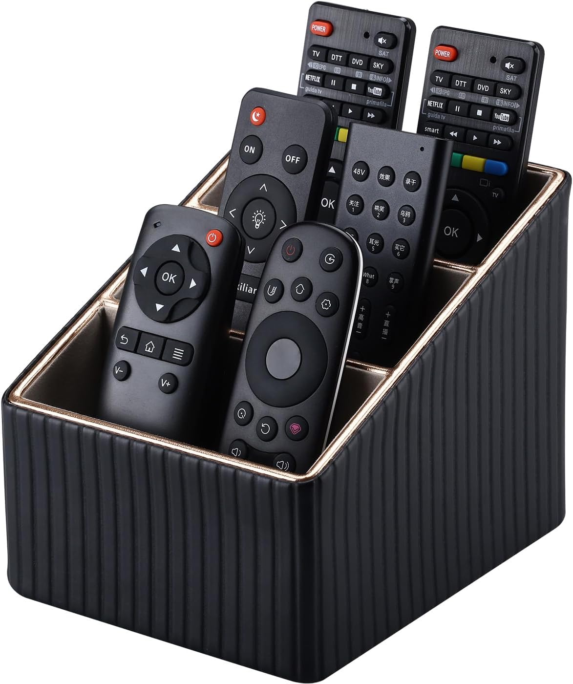 KINGFOM 3 Slot PU Leather Remote Controller Holder, Home Sundries Storage Box, TV Guide/Mail/CD Organizer/Caddy/Holder with Free Cable Desk Organizer (Black Striped)