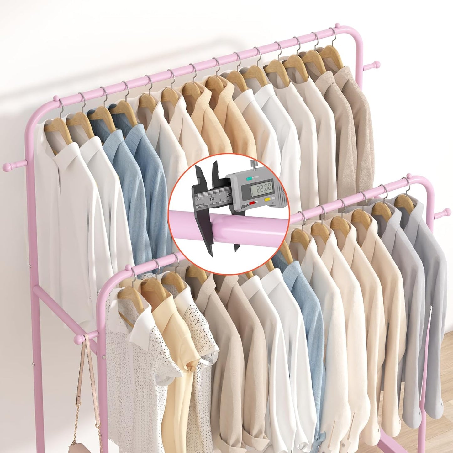 Laiensia Double Rods Garment Rack with Wheels, Clothing Rack for Hanging Clothes,4 Hooks, Multi-Functional Bedroom Clothes Rack, Pink