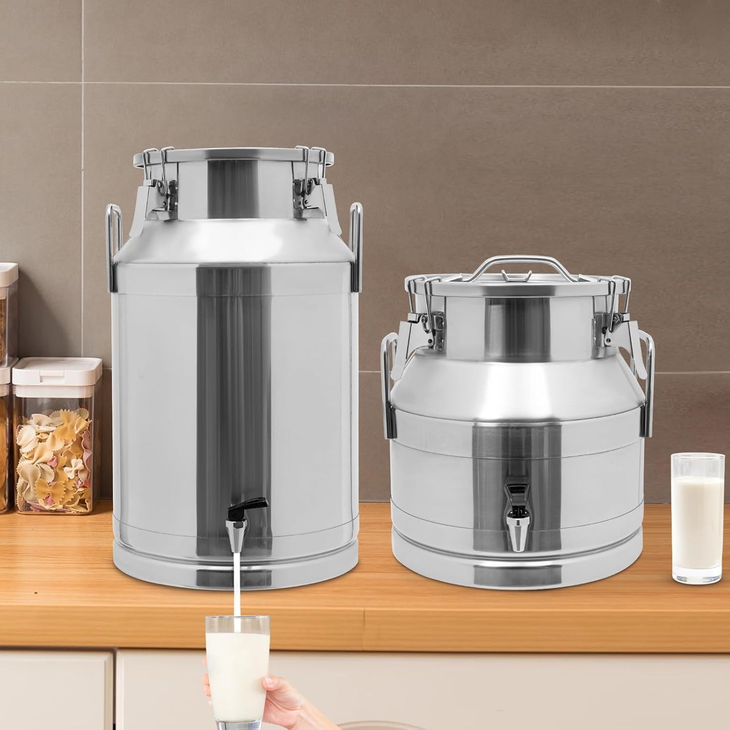 12~60L Heavy-duty 201 Stainless Steel Milk Can with Drip-free Spigot, Water Beverage Drink Dispenser Milk Pail Bucket for Milk Wine Oil (20L)