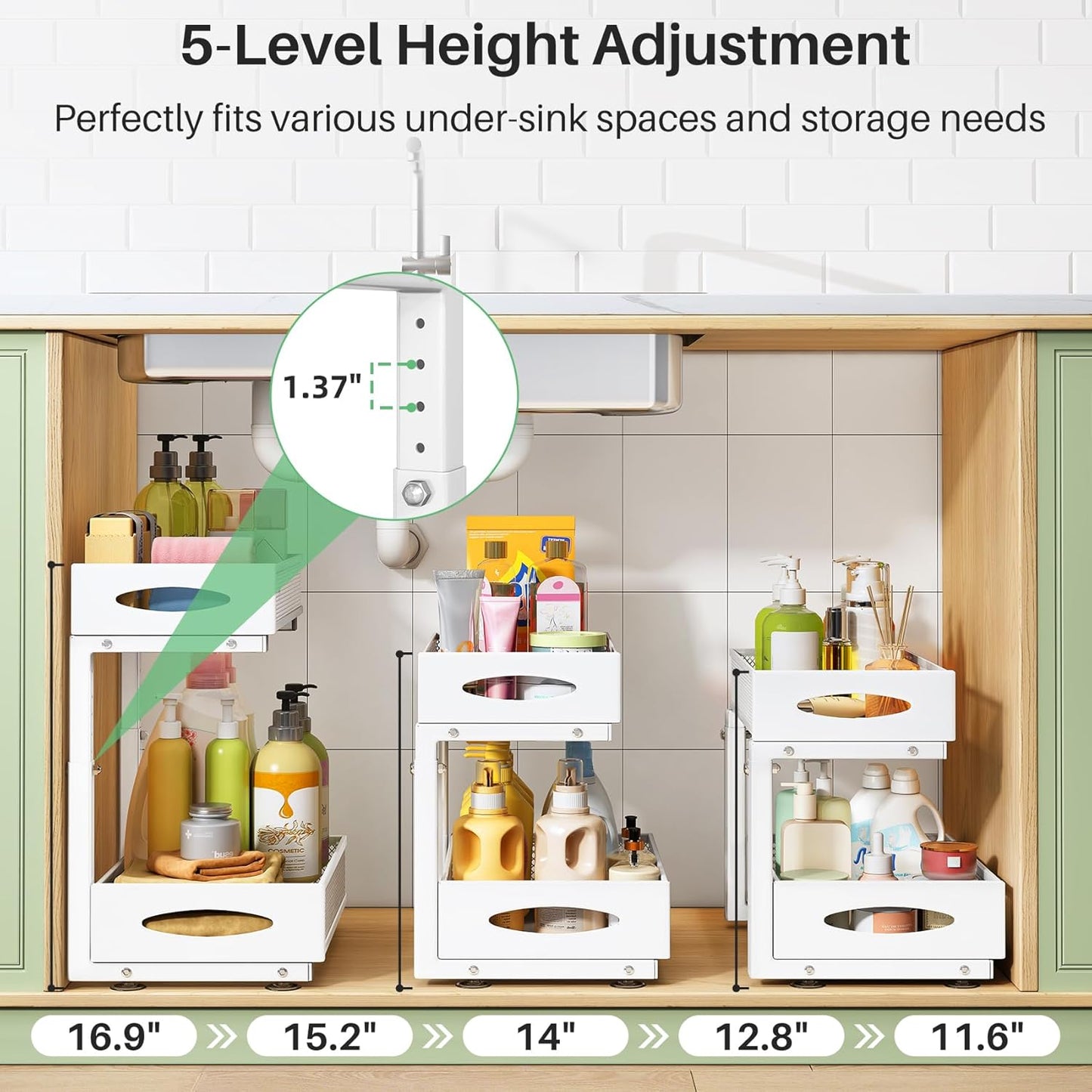 Under Sink Organizer, 2 Tier Pull out Cabinet Organizer Baskets with Mesh Sliding Drawers, Slide out Storage Shelf for Home, Kitchen, Bathroom, Pantry, Office Cabinet(1 Pack, White)