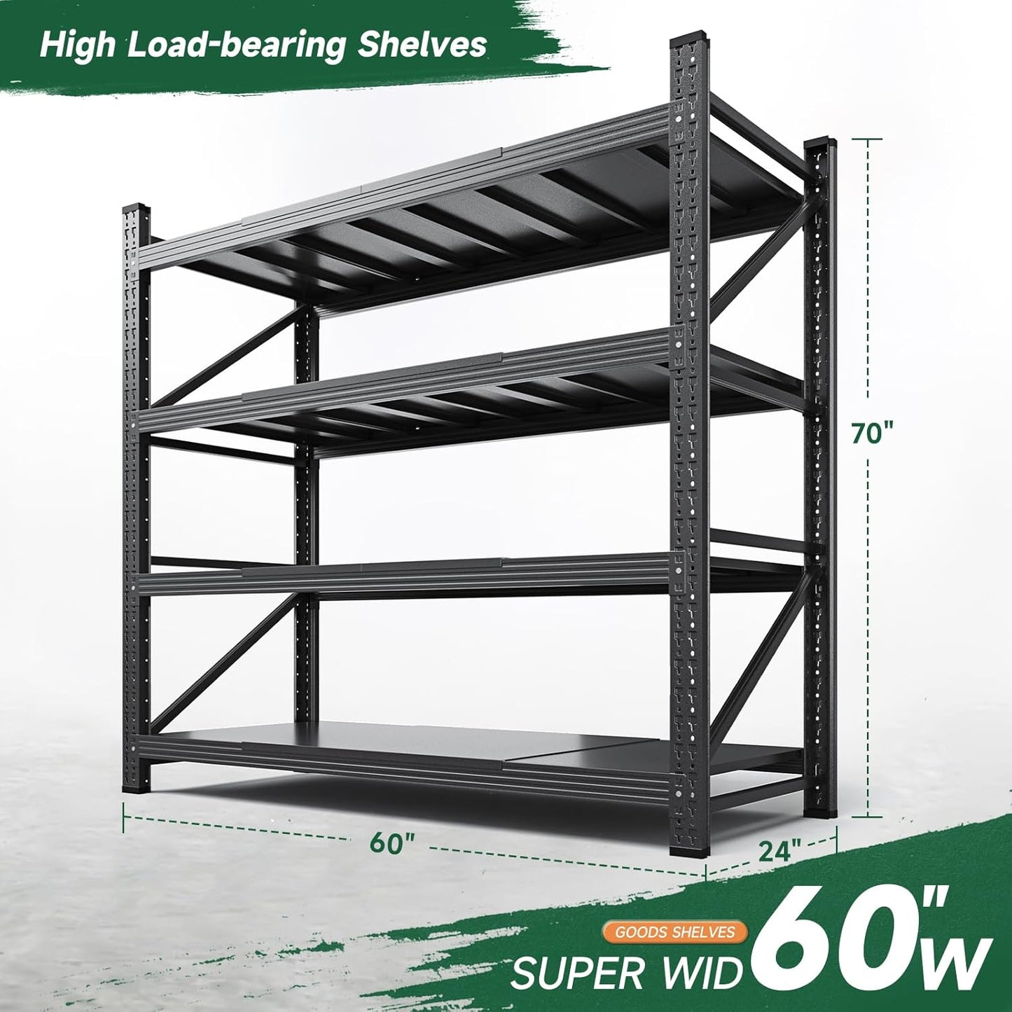 Letaya 4000LBS Storage Shelves Heavy Duty,60" W Garage Shelving Units, 4 Tier Adjustable Utility Rack Shelf,Large Metal Industrial Shelves,for Shop,Warehouse,Basement (60" W x 24" D x 70" H)