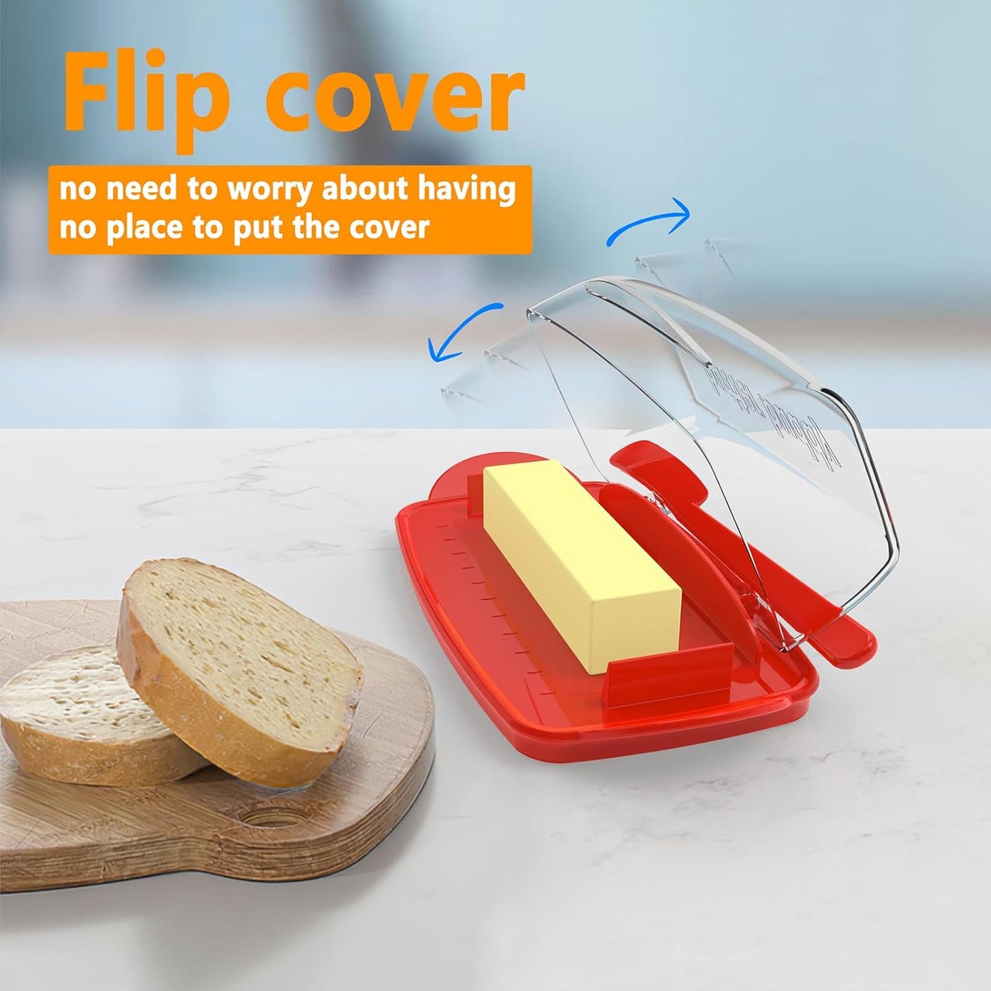 Butter Dishes with Lid for Countertop Refrigerator, Plastic Butter Dish Clear Flip Top Lid Butter Container with Spreader, Non-Slip Bottom Butter Holder Keeper (Transparent Cover Red)