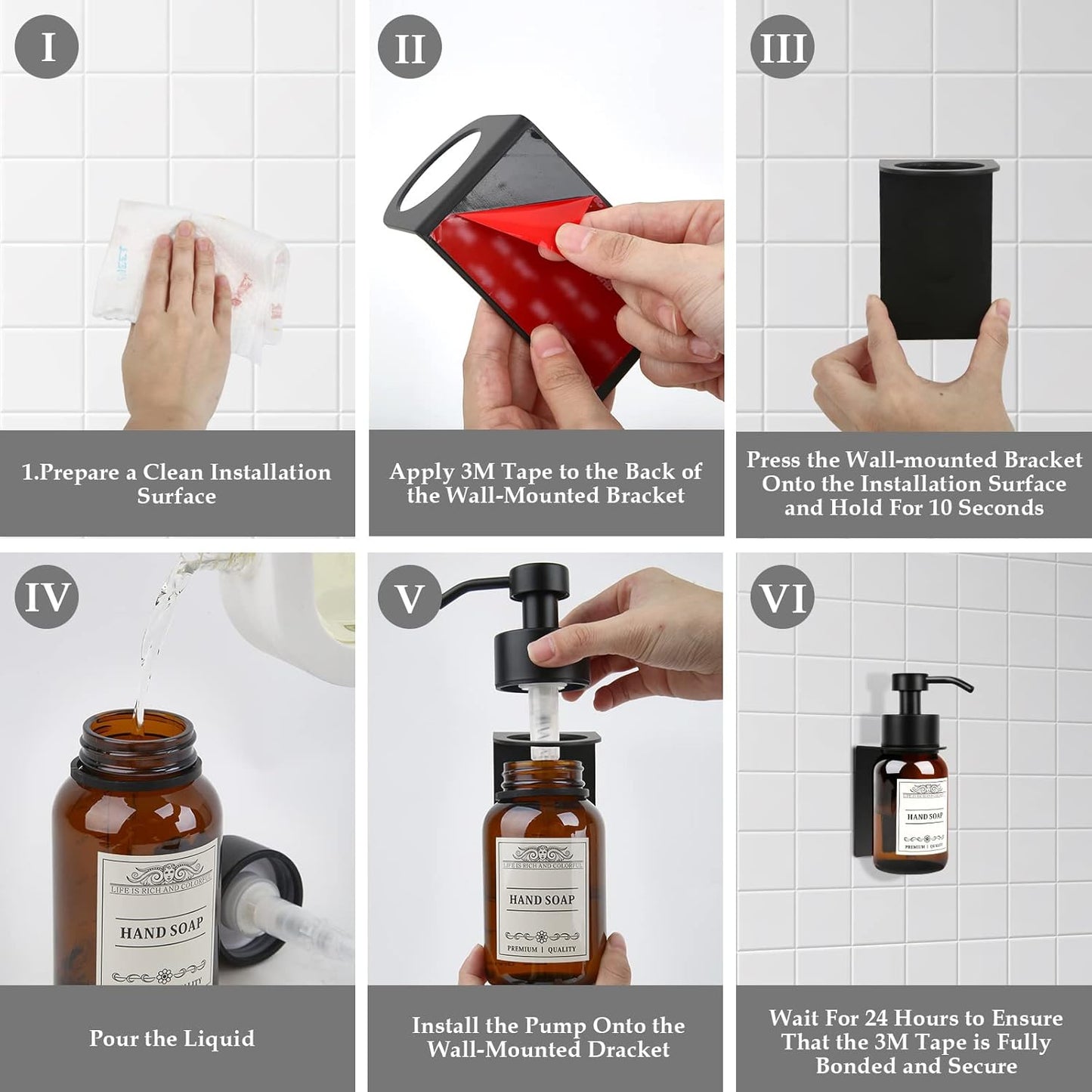 Glass Soap Dispenser with Pump and Wall Mount Holder,8.5 Oz Shampoo and Conditioner Dispenser with Waterproof Labels(Brown)