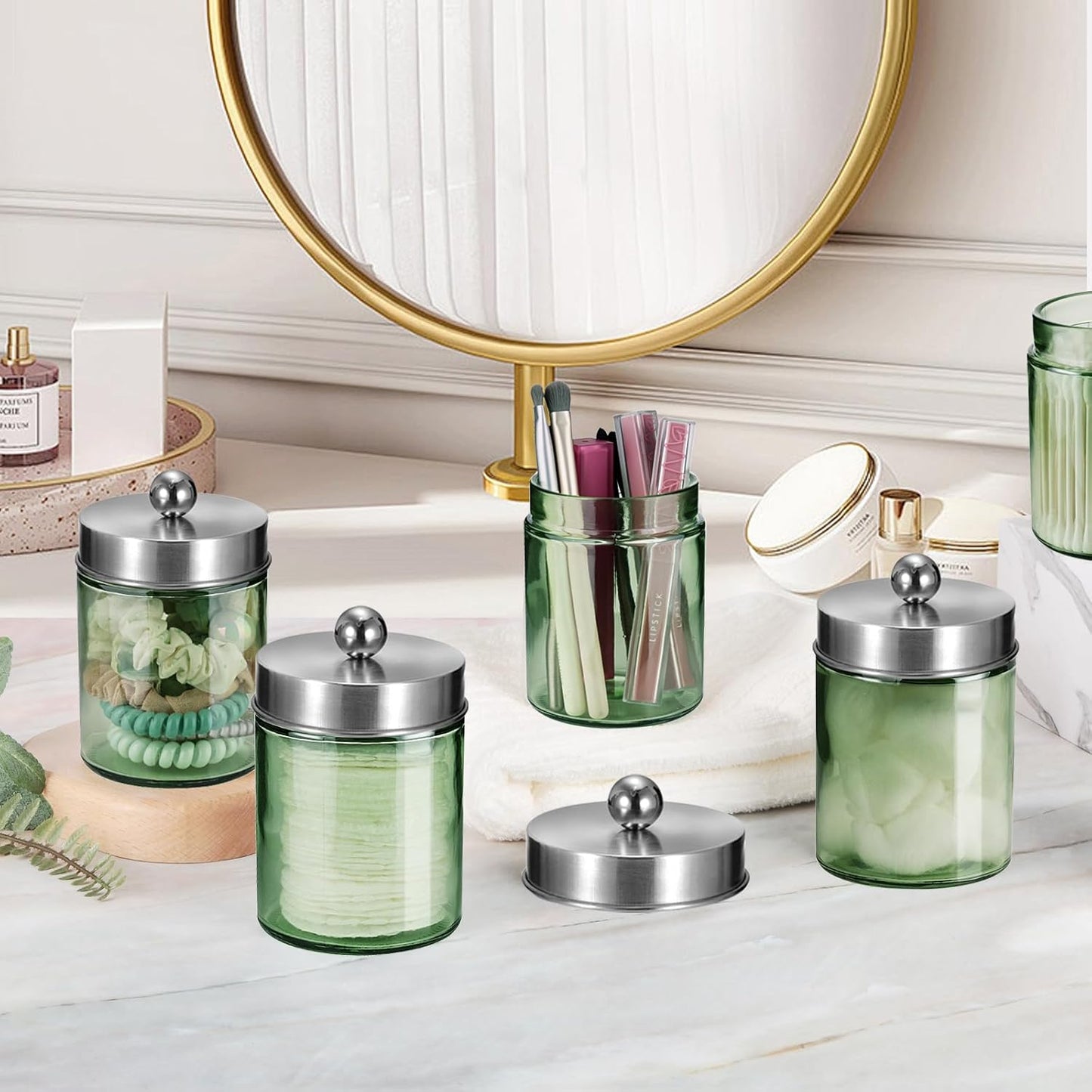 Amolliar Sage Green Glass Apothecary Jar, Qtip Holder Metal Lid & Sticker, Bathroom Qtip Dispenser Storage Canister, Perfect for Cotton Balls, Swabs, Round Pads, Bath Salt, Floss,Brushed Nickel 1 Pack
