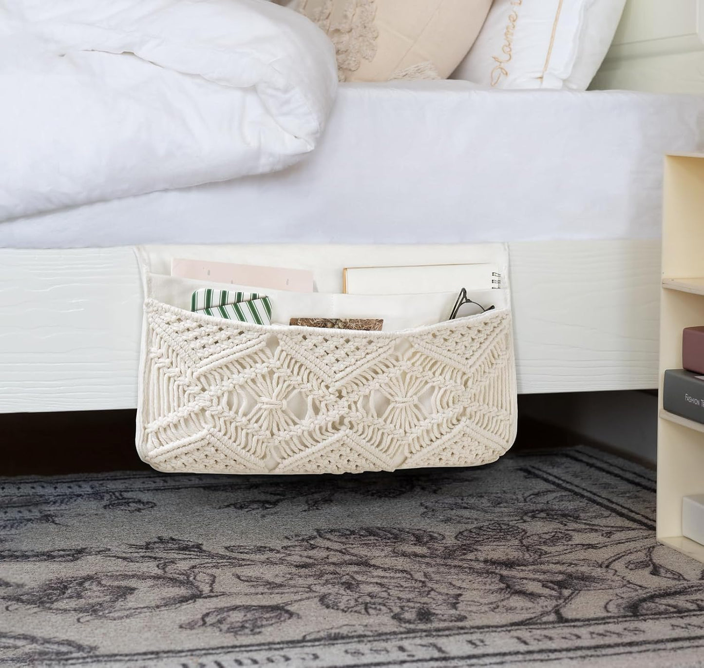 Mkono Macrame Bedside Caddy Storage Organizer Boho Remote Control Tablet Magazine Holder with 4 Pockets Non-slip Countertop Bedside Caddy for Home Bedroom Living Room College Dorm Bed, Ivory, Large